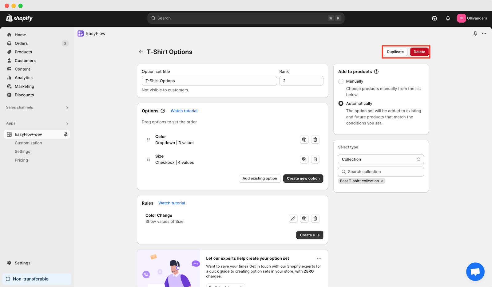 Option set for products
