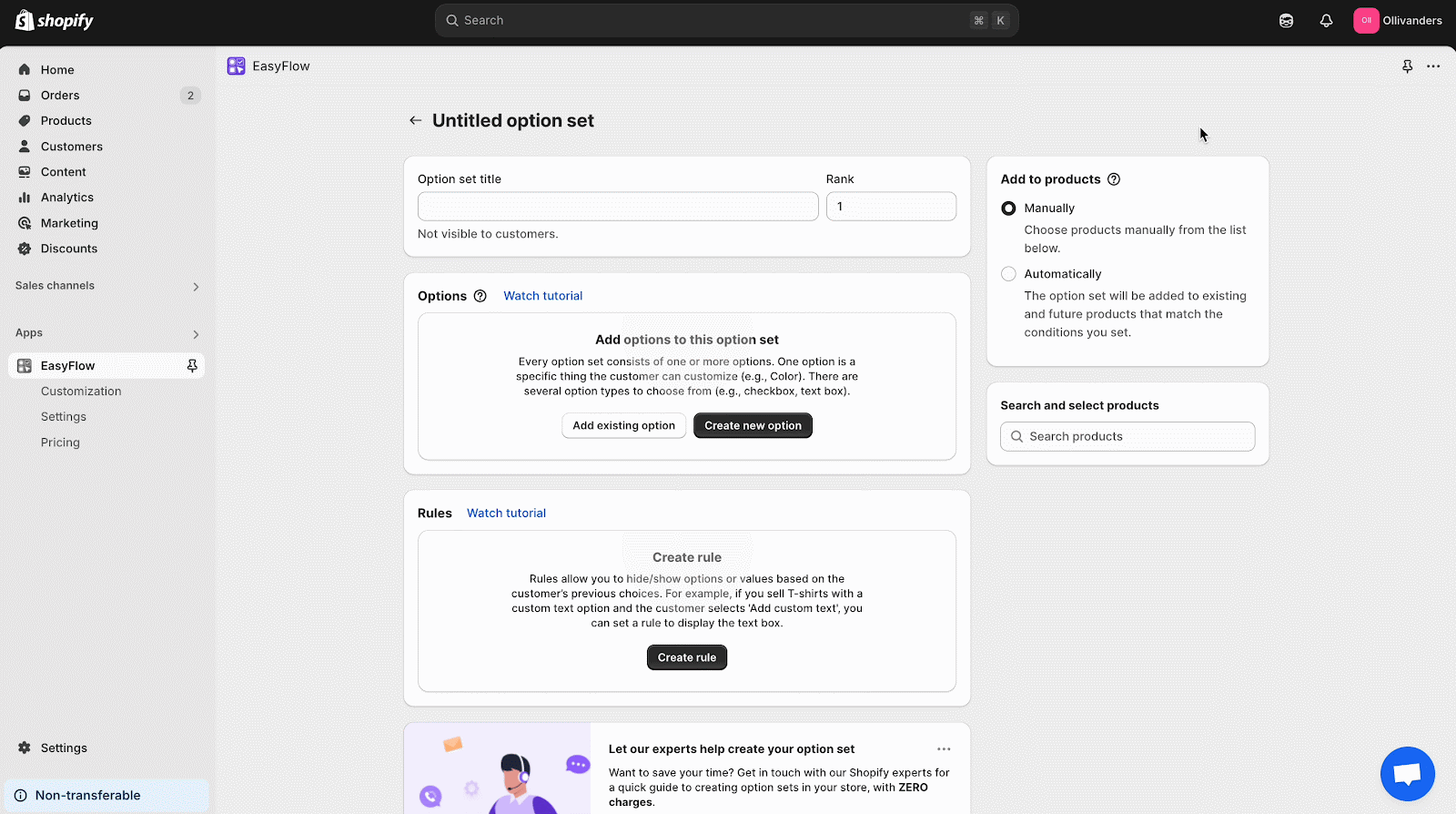 Option set for products