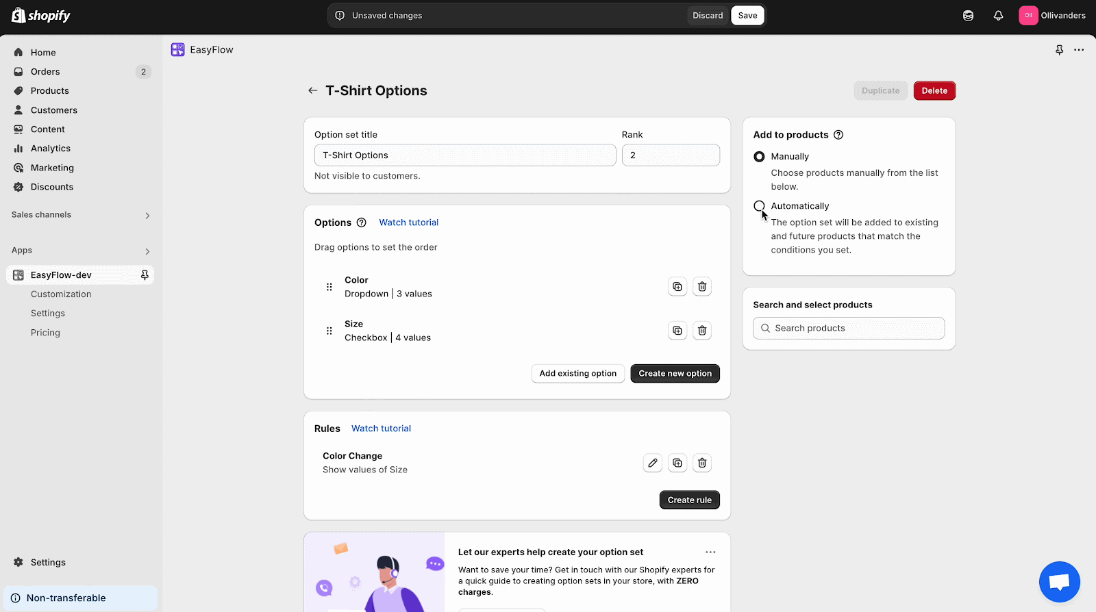 Option set for products