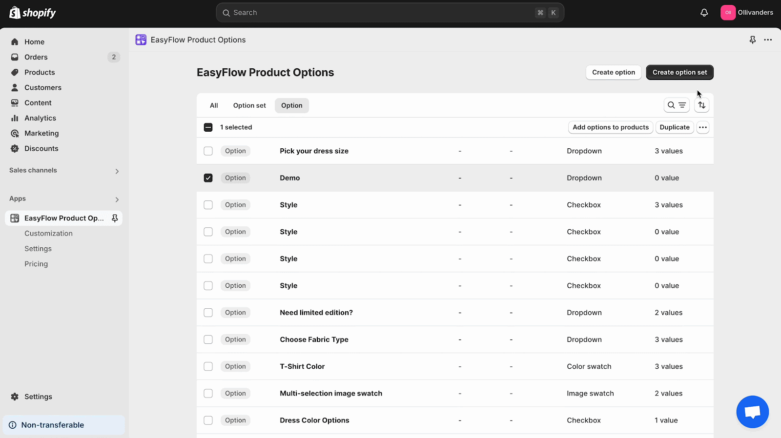 Delete Options and Option Sets