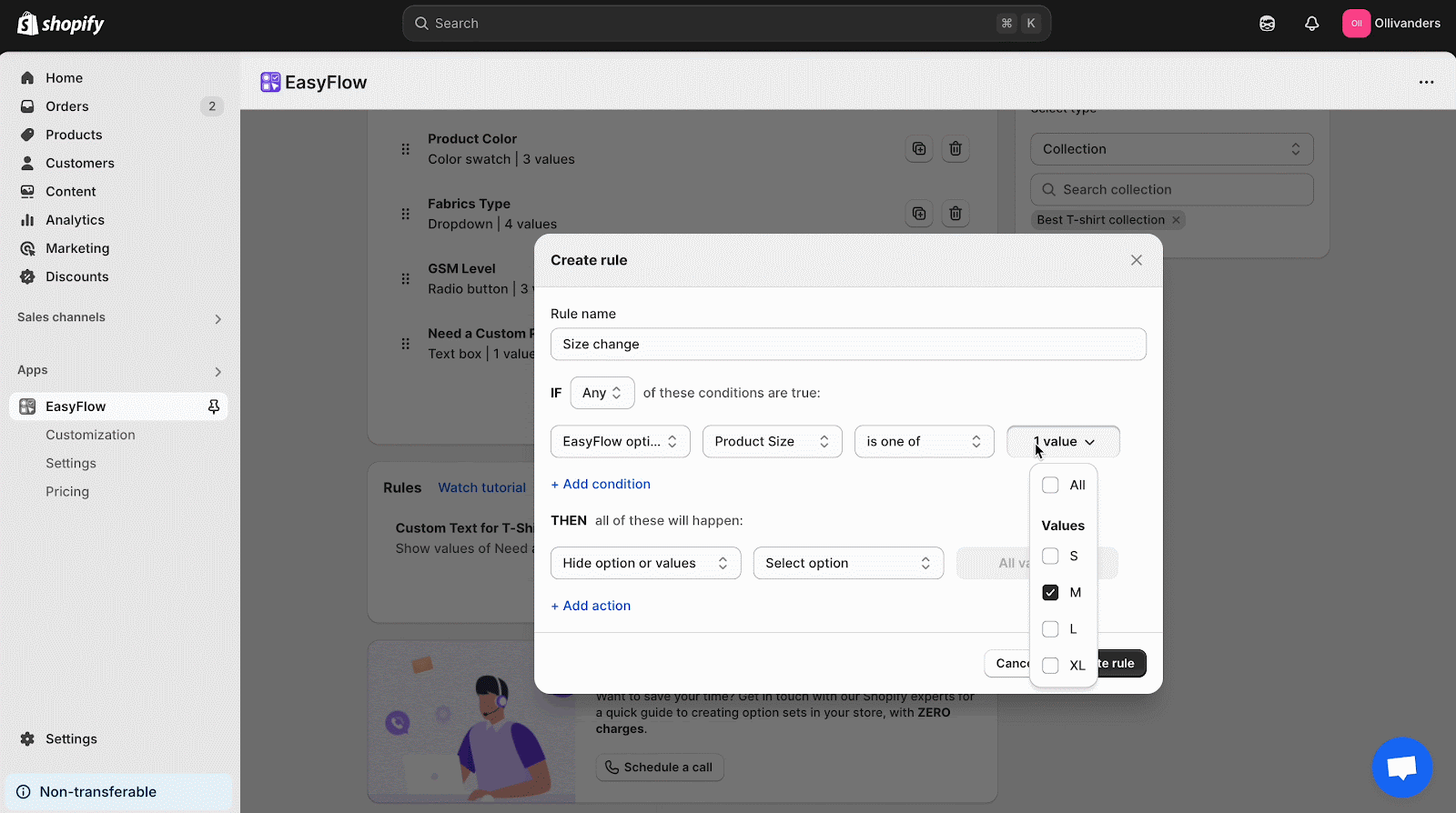 Rules in Shopify Product Options
