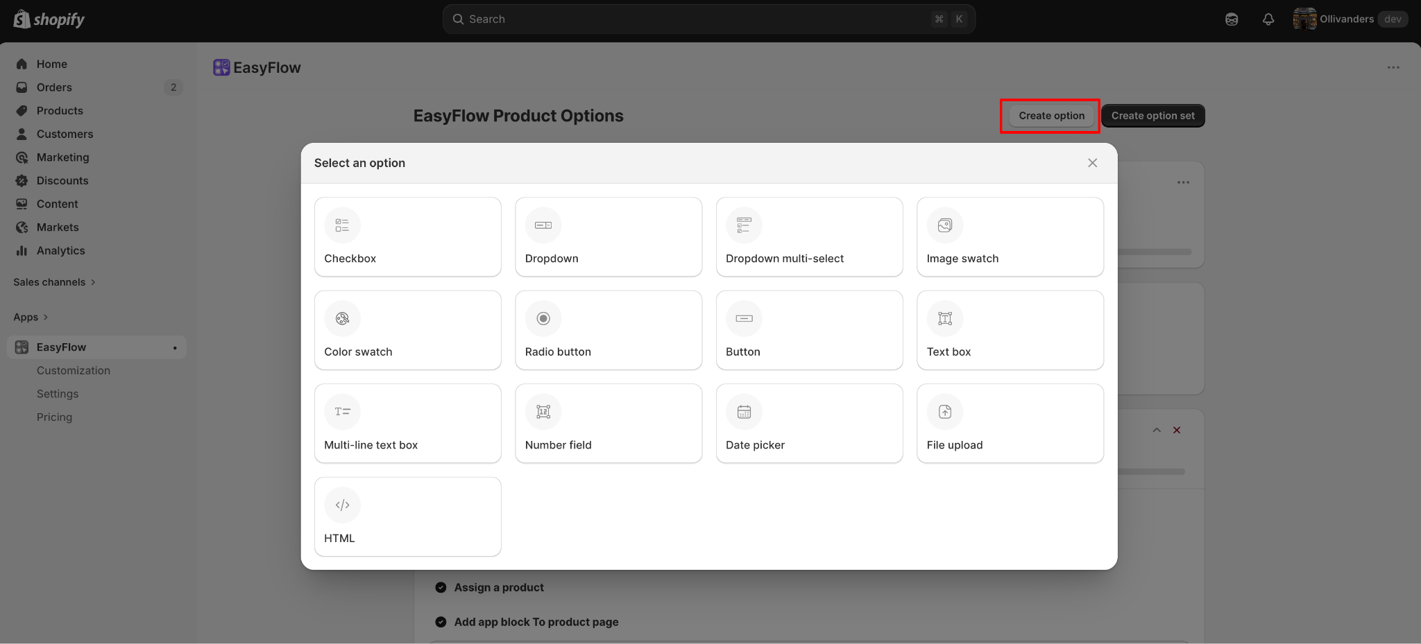 create options using EasyFlow