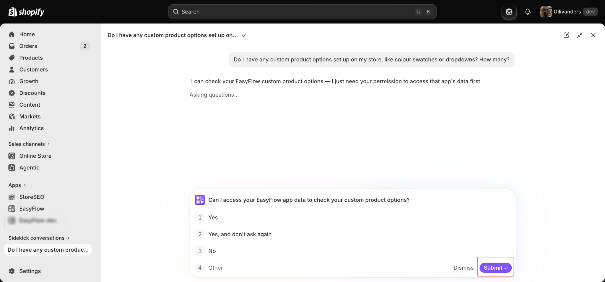 Sidekick requests permission before it reads any EasyFlow app data.