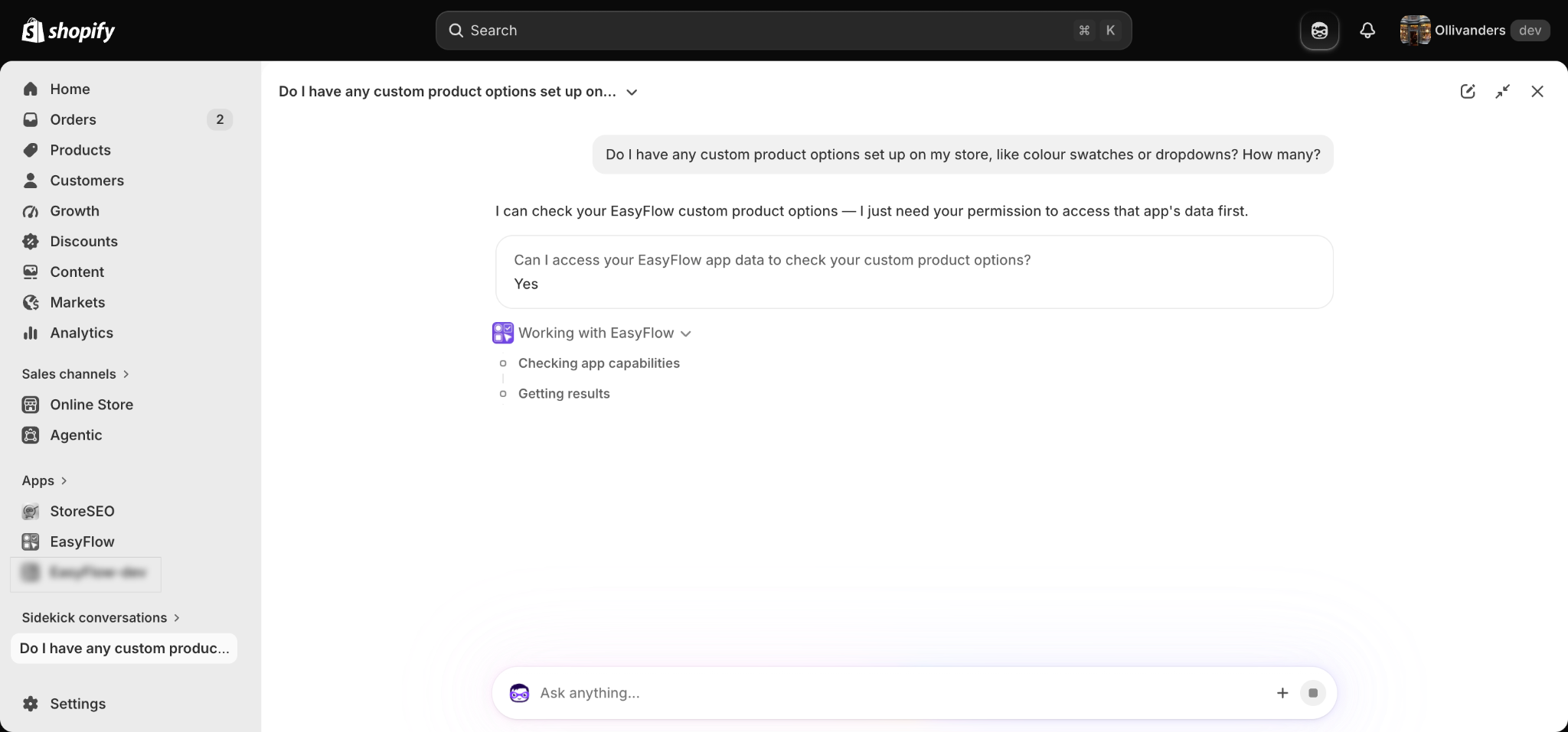 The Working with EasyFlow panel shows each step Sidekick runs in real time.