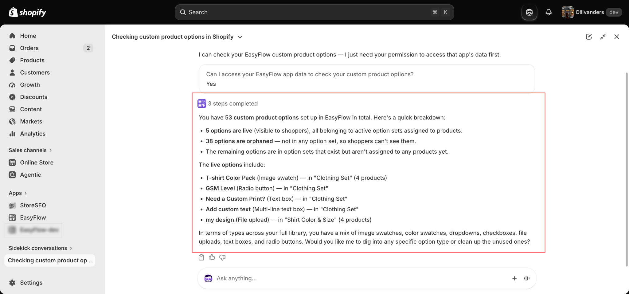 A complete option audit returned inside the Sidekick conversation.