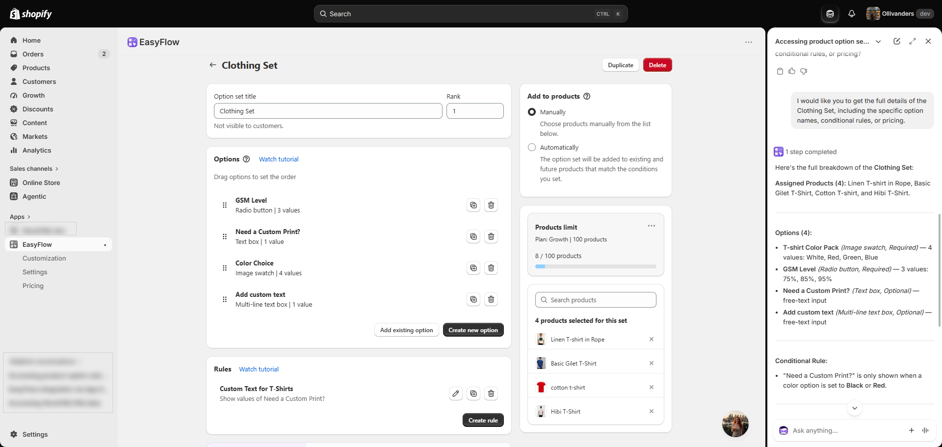 The final outcome: a full option set breakdown in Sidekick next to the EasyFlow editor.