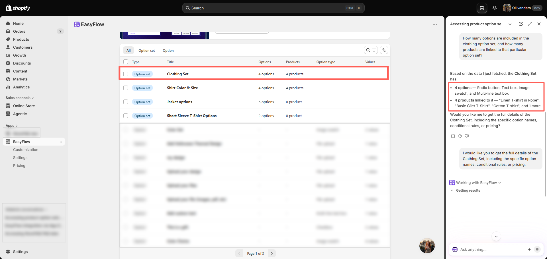 A follow up question returns option counts and linked products for a single set.