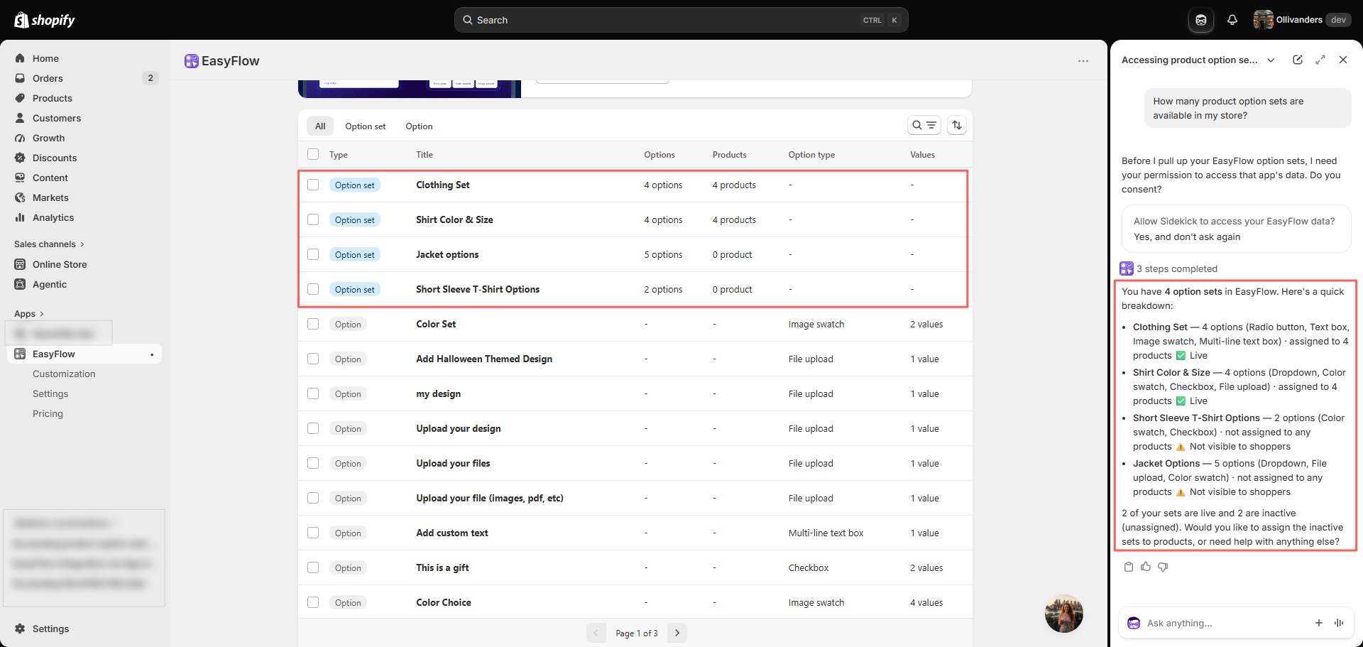 Sidekick summarises all four option sets while the EasyFlow list stays visible.