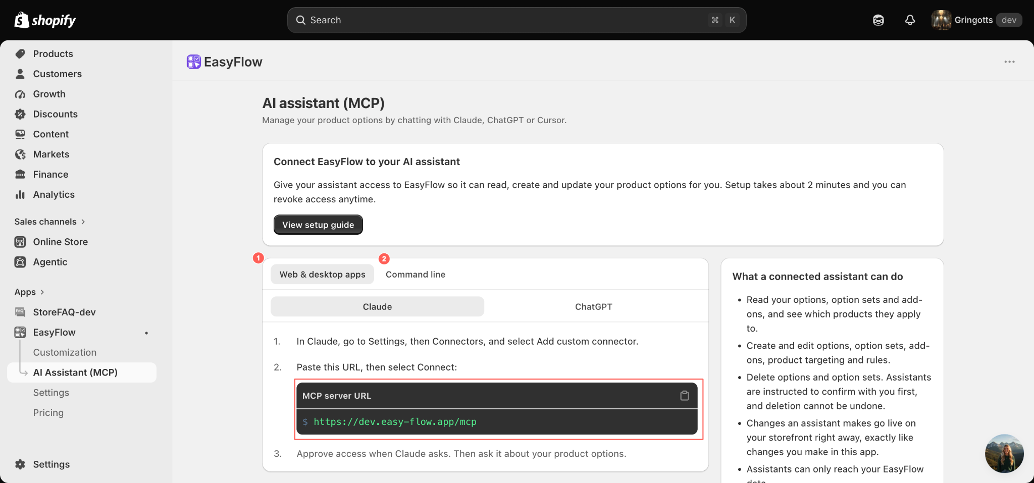 The AI Assistant (MCP) page, showing the connect card, the Web & desktop apps tab and the steps to connect Claude.