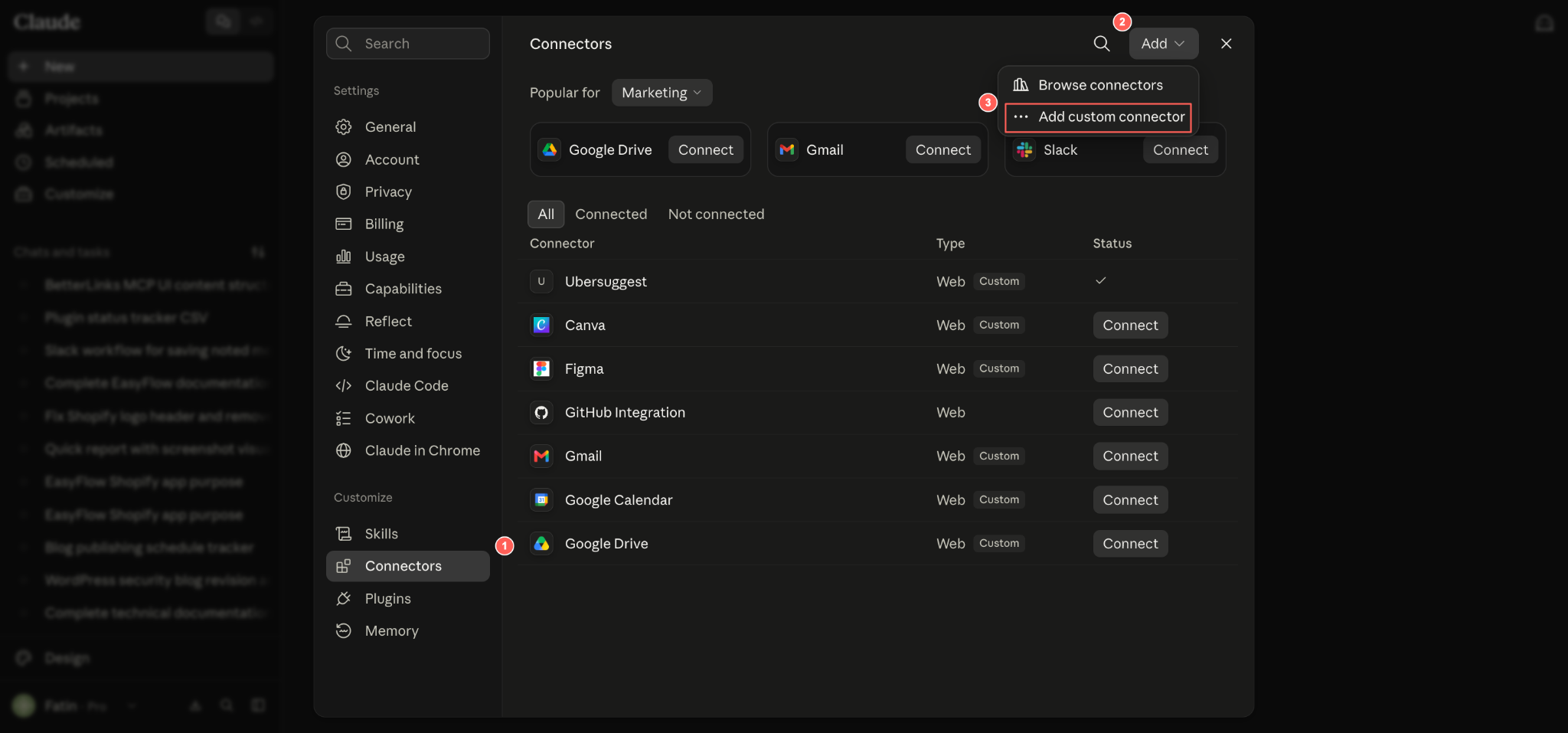 In Claude, go to Settings, then Connectors and select Add custom connector.