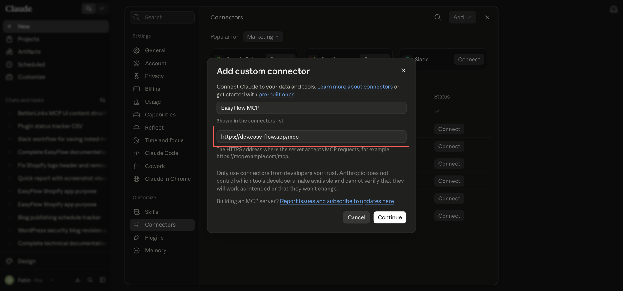 Paste the MCP server URL that you’ve already copied from the EasyFlow page, then select Continue.