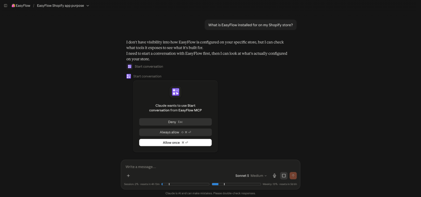 Claude requests permission to run its first EasyFlow tool. Select Allow once to continue.