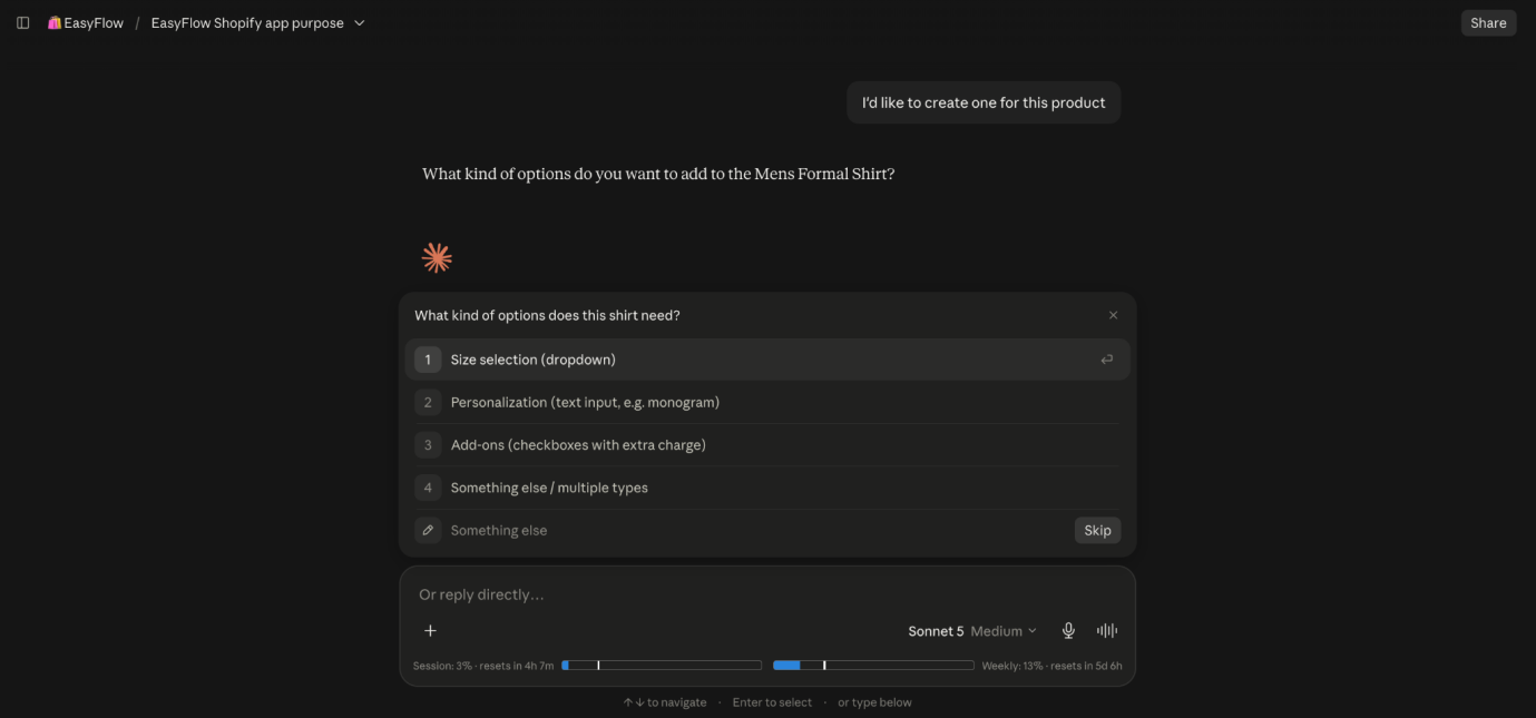 Claude offers a menu of option types. Select one or type your own answer instead.