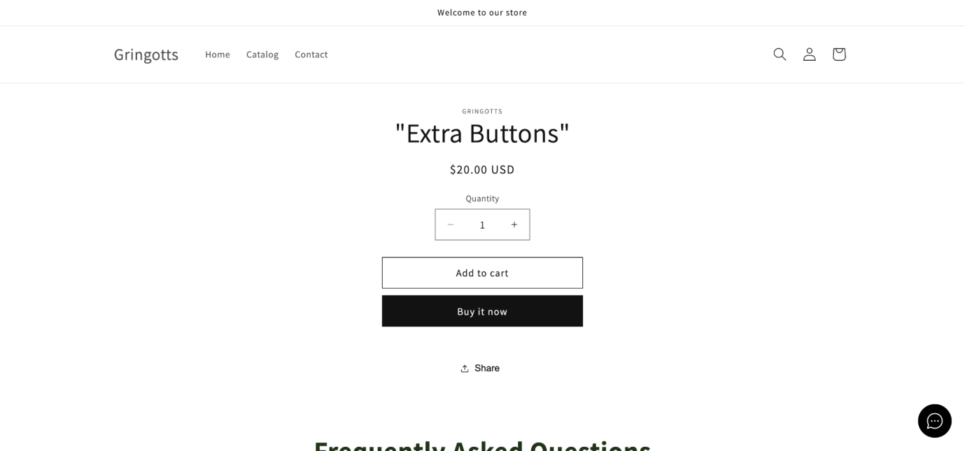 The hidden add-on product on the storefront, priced at $20.00.