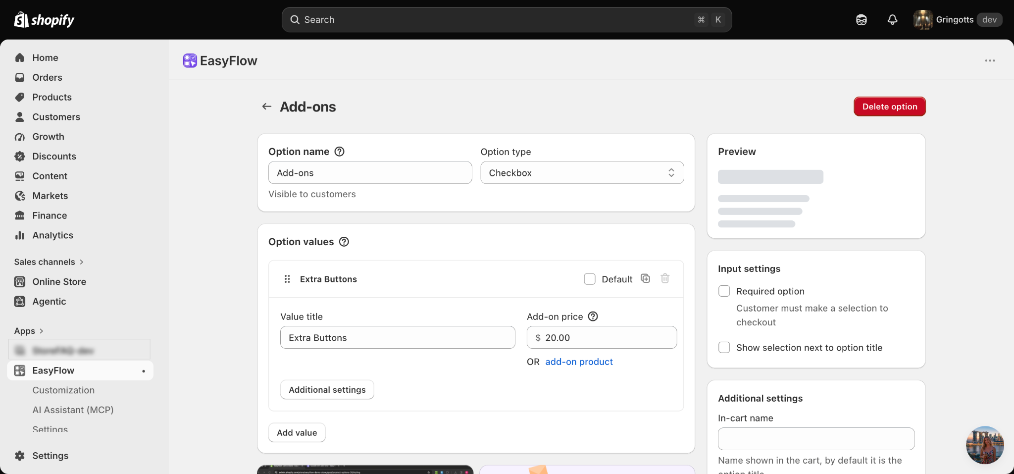 The option Claude created, shown in the EasyFlow editor with its $20.00 add-on price.