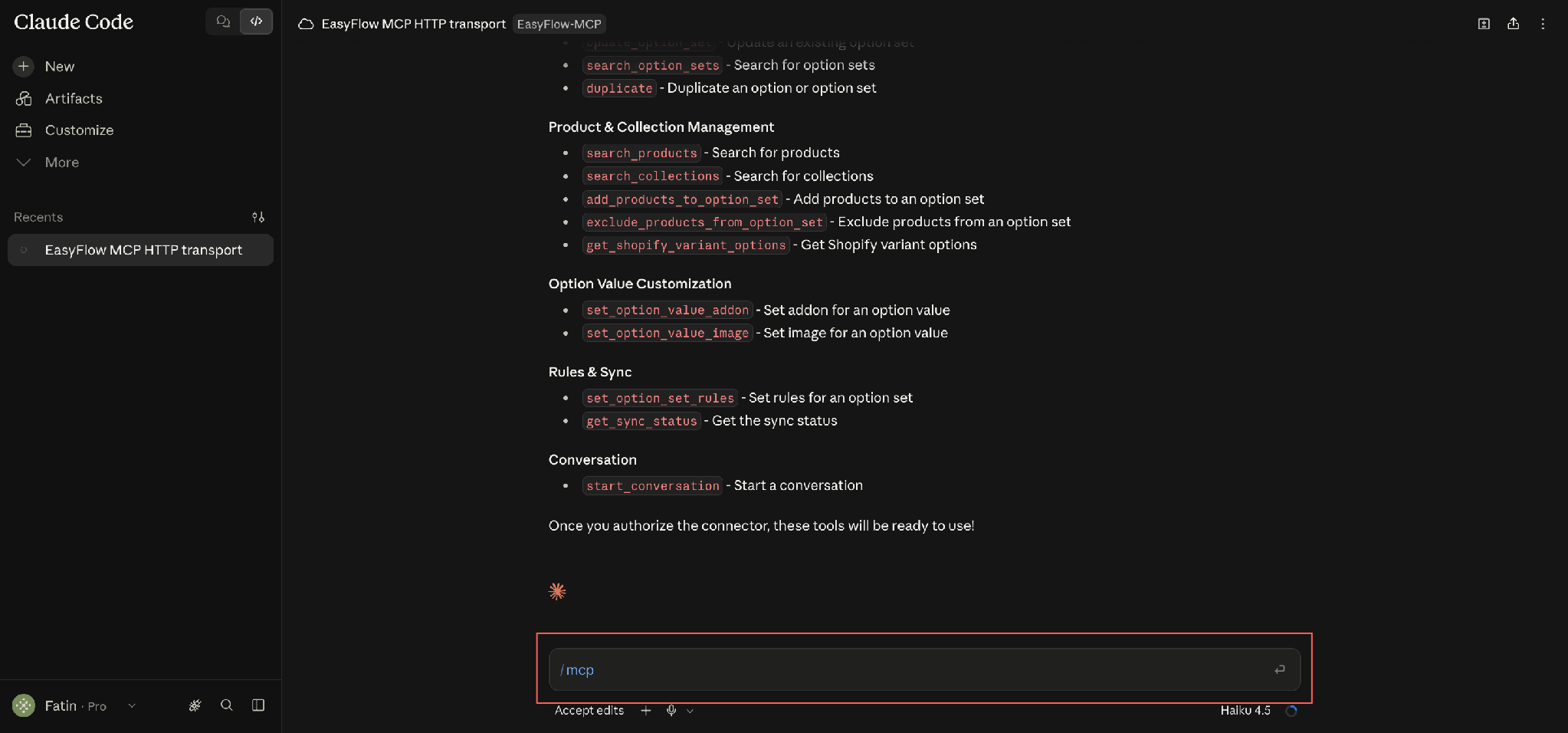 The rest of the tool catalogue, with the /mcp command entered in the prompt.