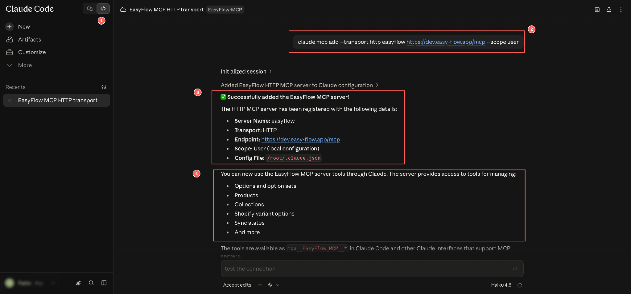 Claude Code confirms the server was added and lists the registration details.