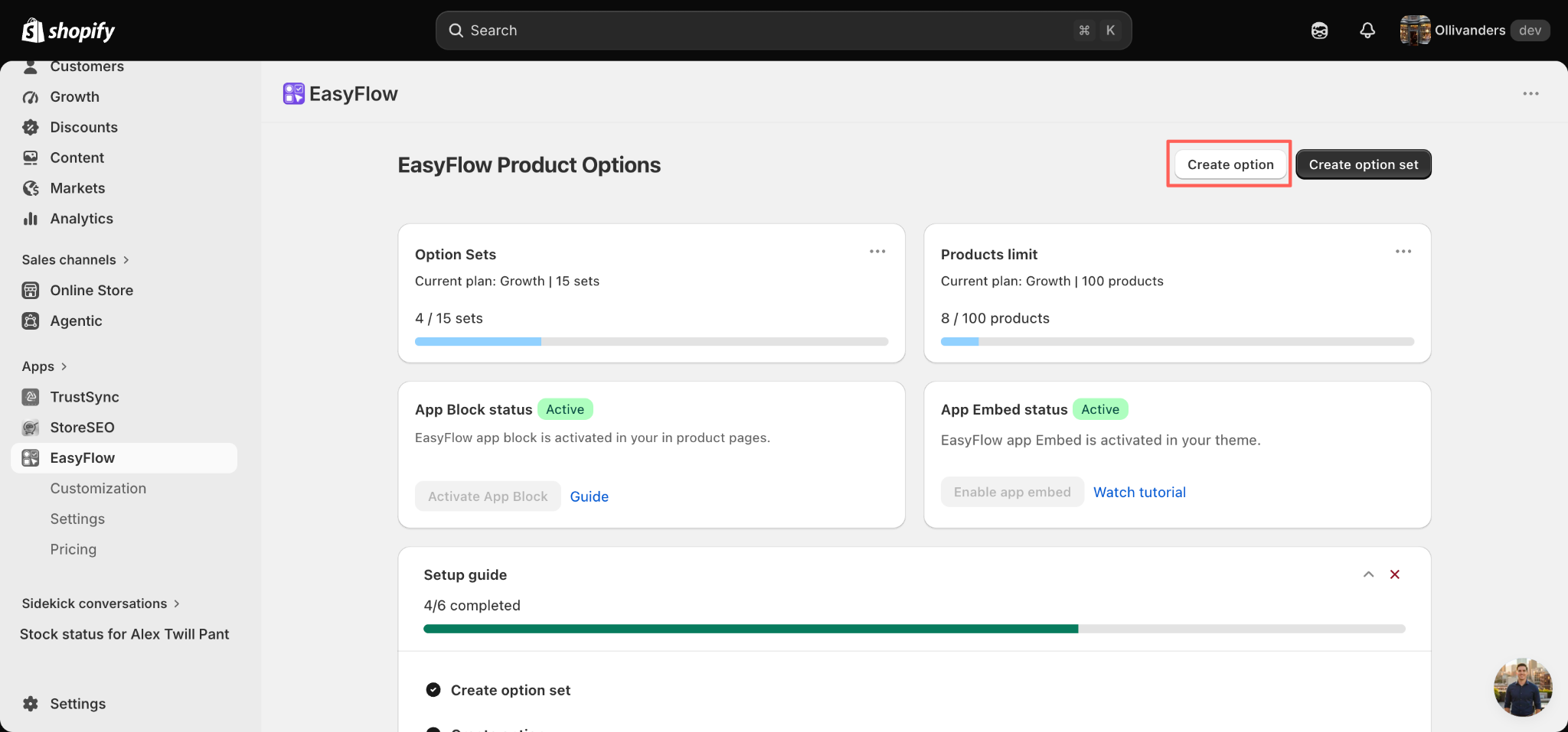 click on the create option button in the top right corner to create a new option or open an existing option set.