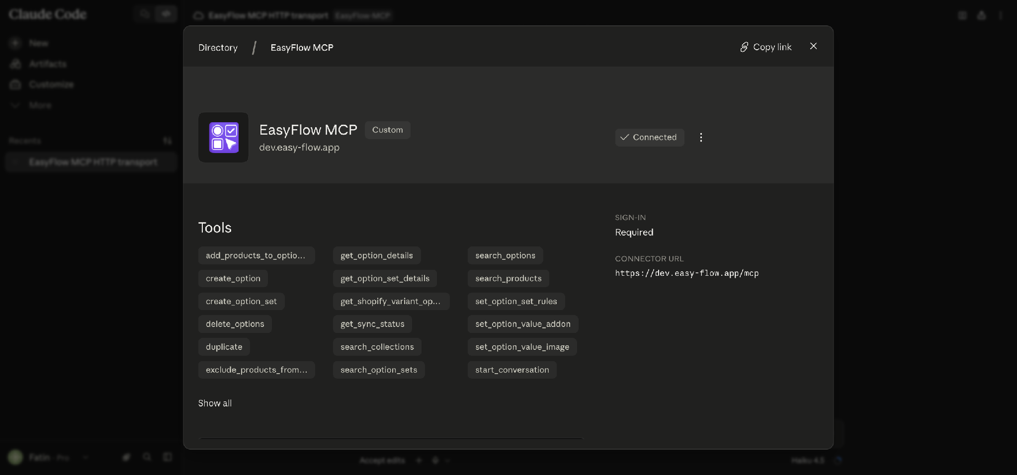The EasyFlow MCP connector showing a Connected status, with its full tool list.