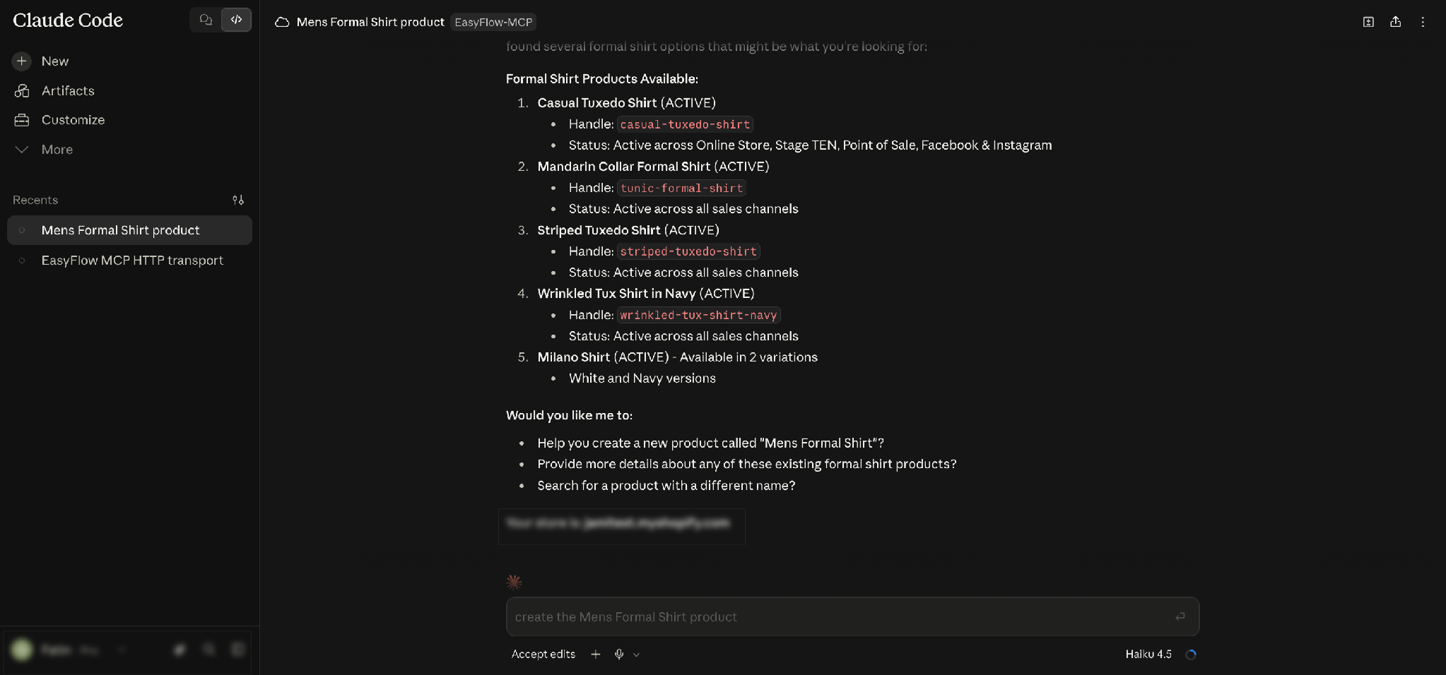 The search results, with the products that exist and three suggested next actions using connect claude code with easyflow mcp