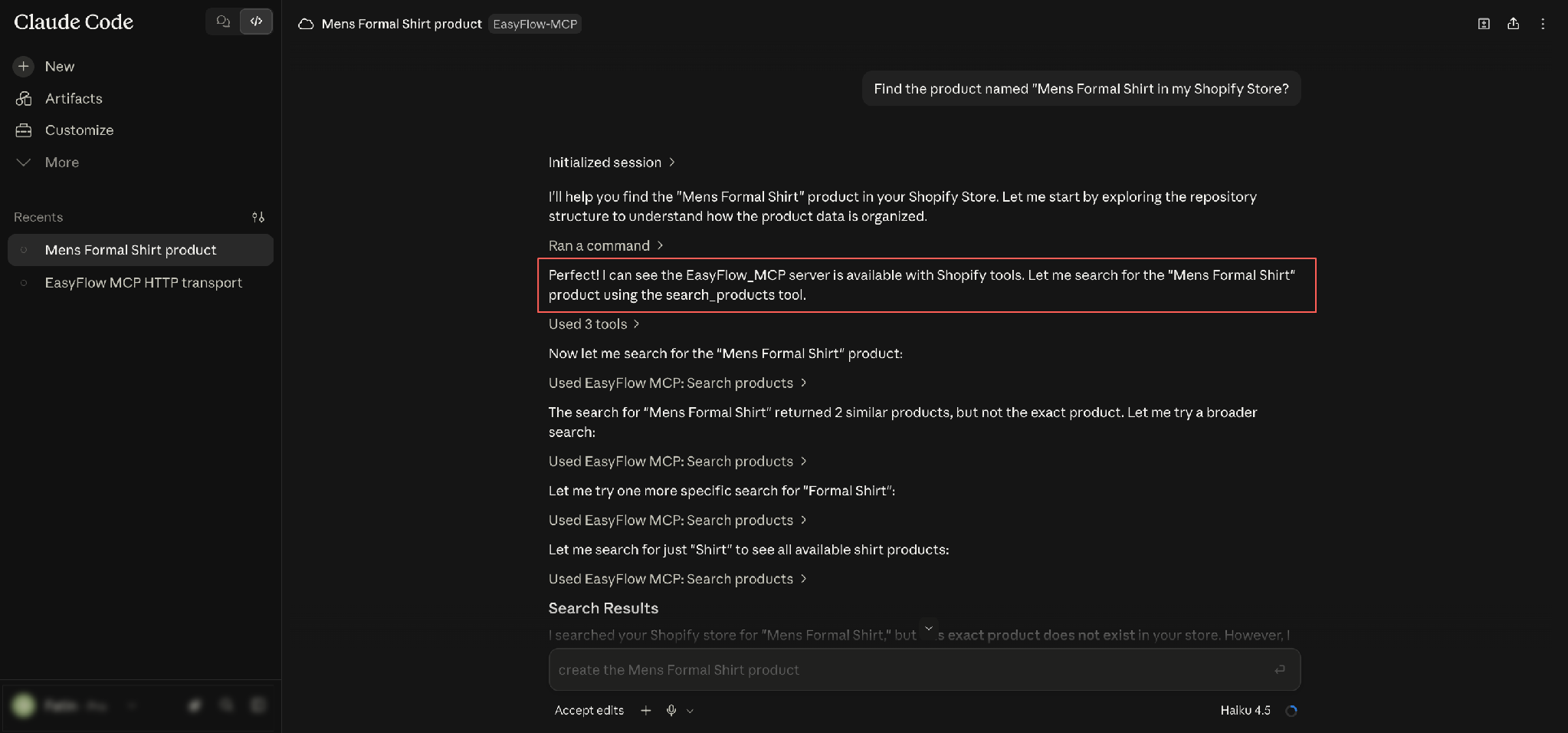 Claude Code confirms the EasyFlow server is available and runs the product search.