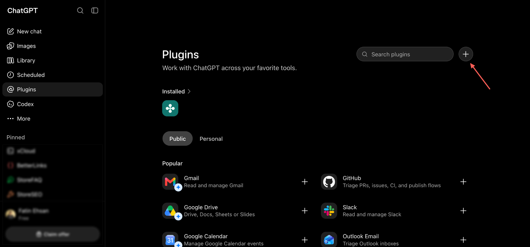 The Plugins page in ChatGPT, with the plus button marked.