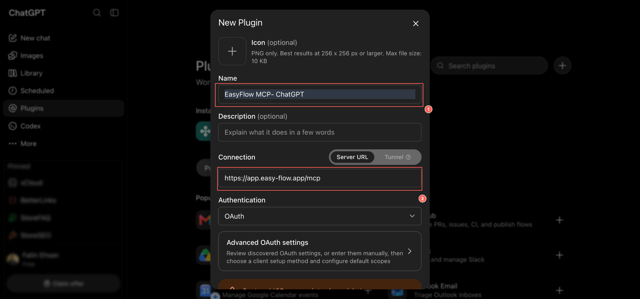 The New Plugin dialog, with the Name and Server URL fields marked.
