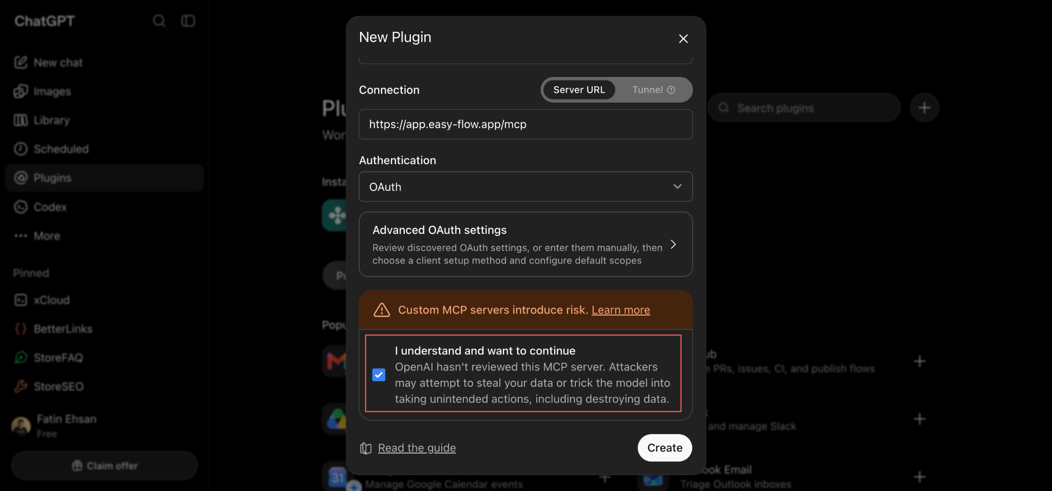 The risk notice, with the acknowledgement checkbox marked and the Create button below it.