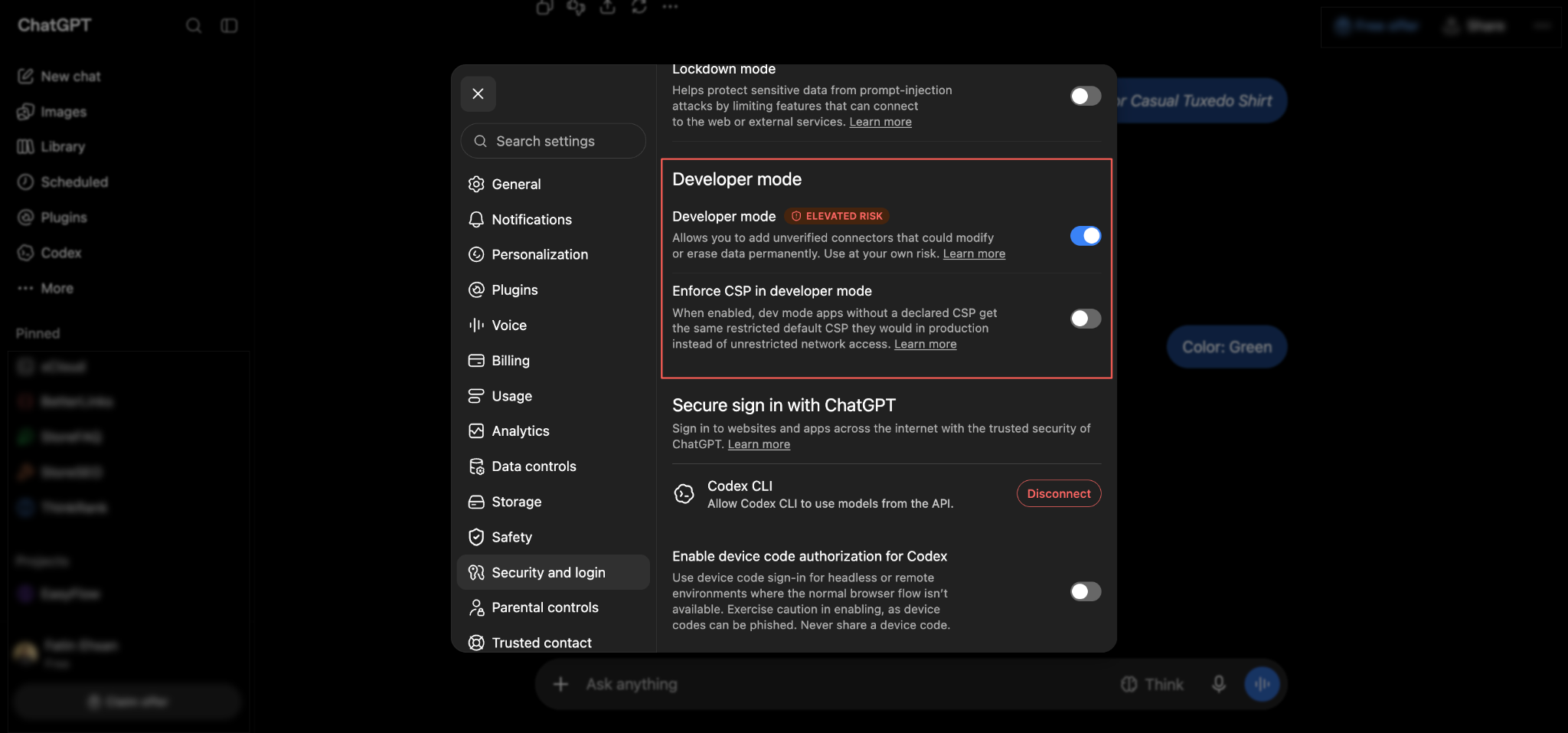 Developer mode must be turned on in ChatGPT, since a custom MCP server is not part of the official directory.