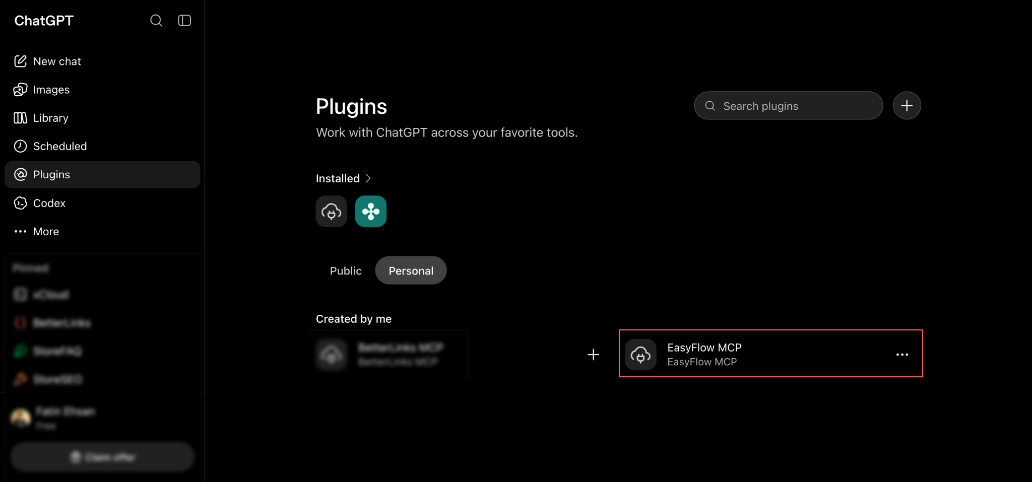 The Personal tab, showing EasyFlow MCP installed and created by you.