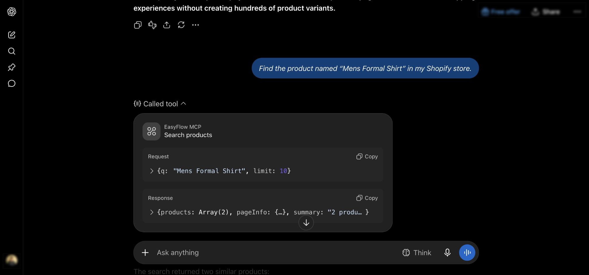 ChatGPT calling the EasyFlow Search products tool, with the request and response visible.