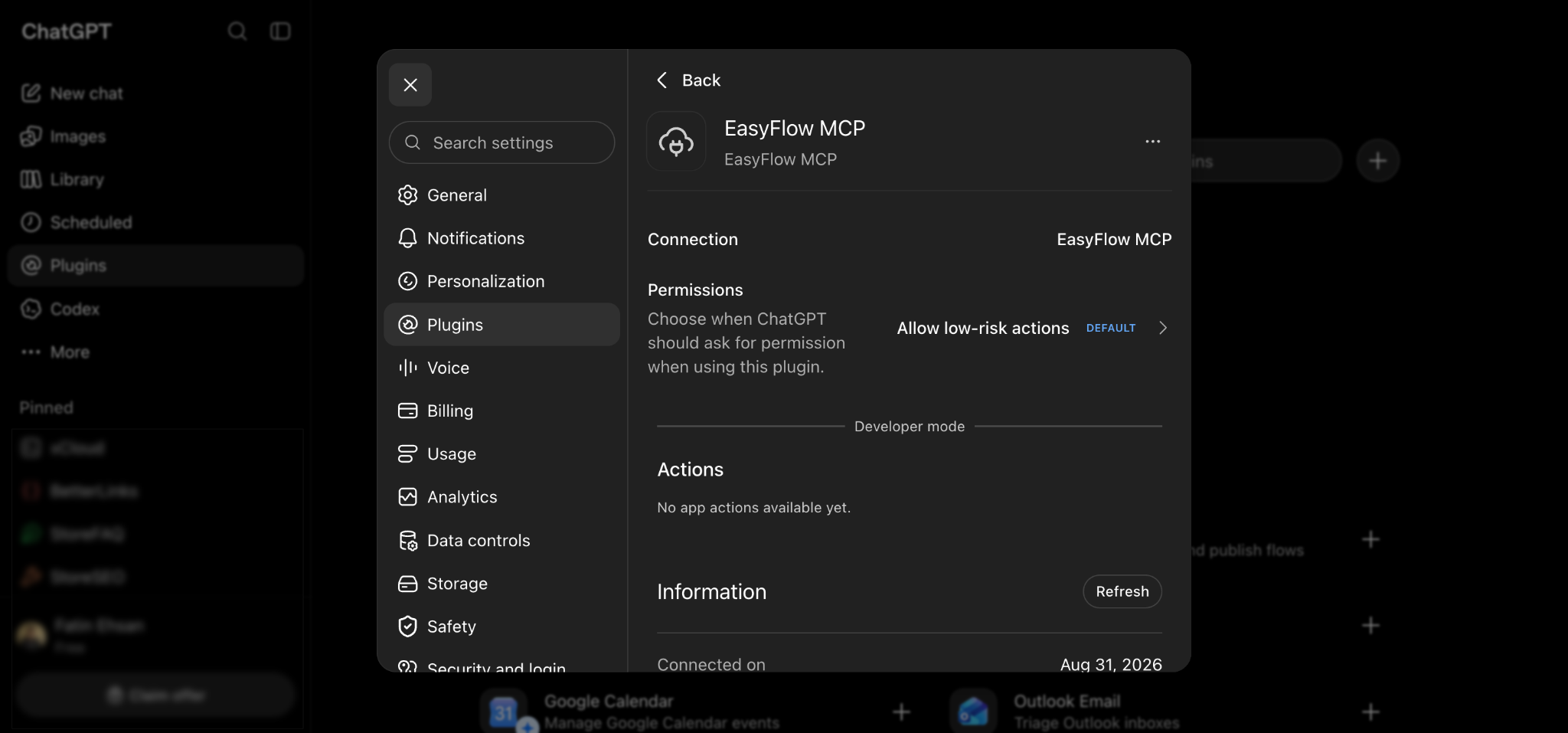 The EasyFlow MCP plugin settings, showing the connection, permissions and connection date.