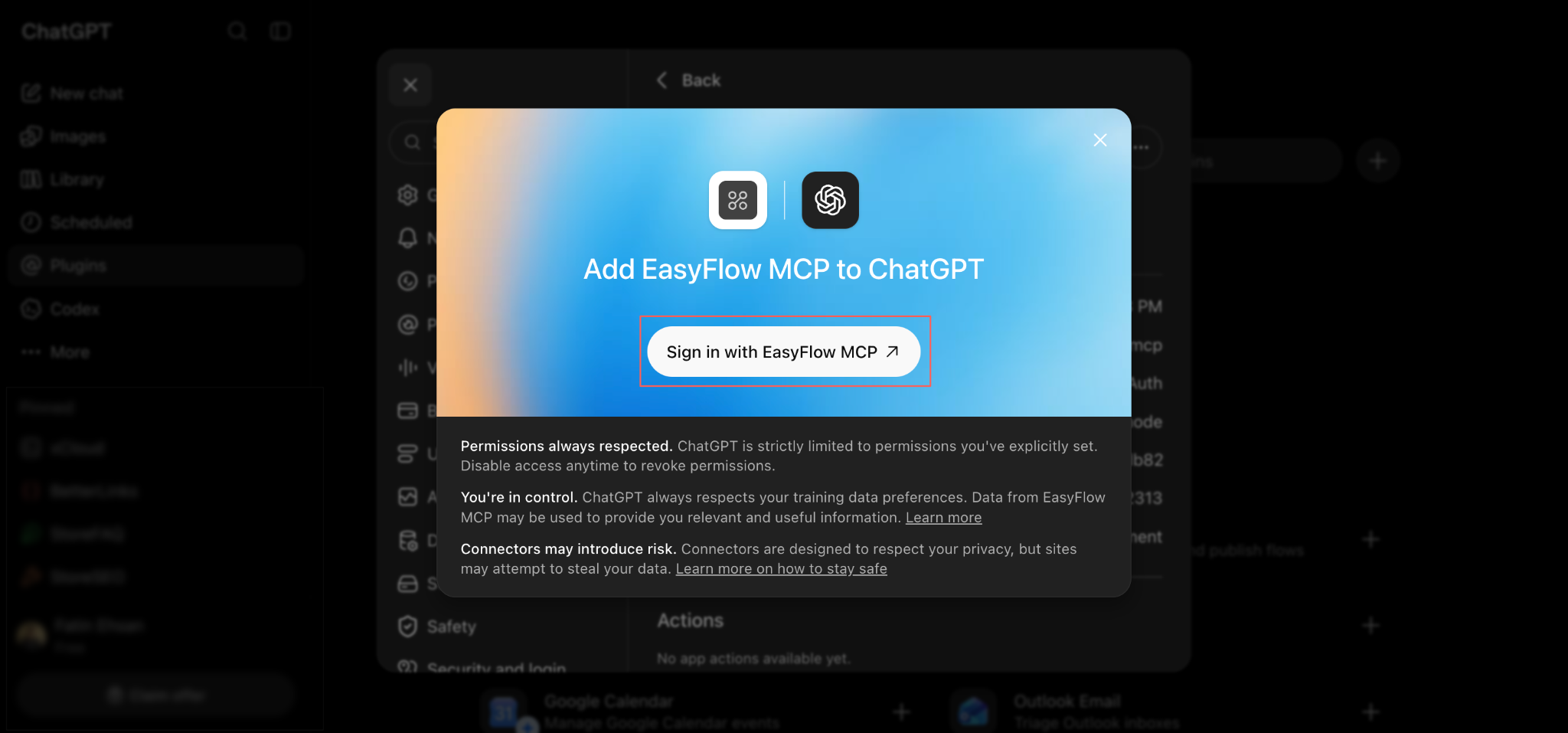 The authorization screen, with the Sign in with EasyFlow MCP button marked.