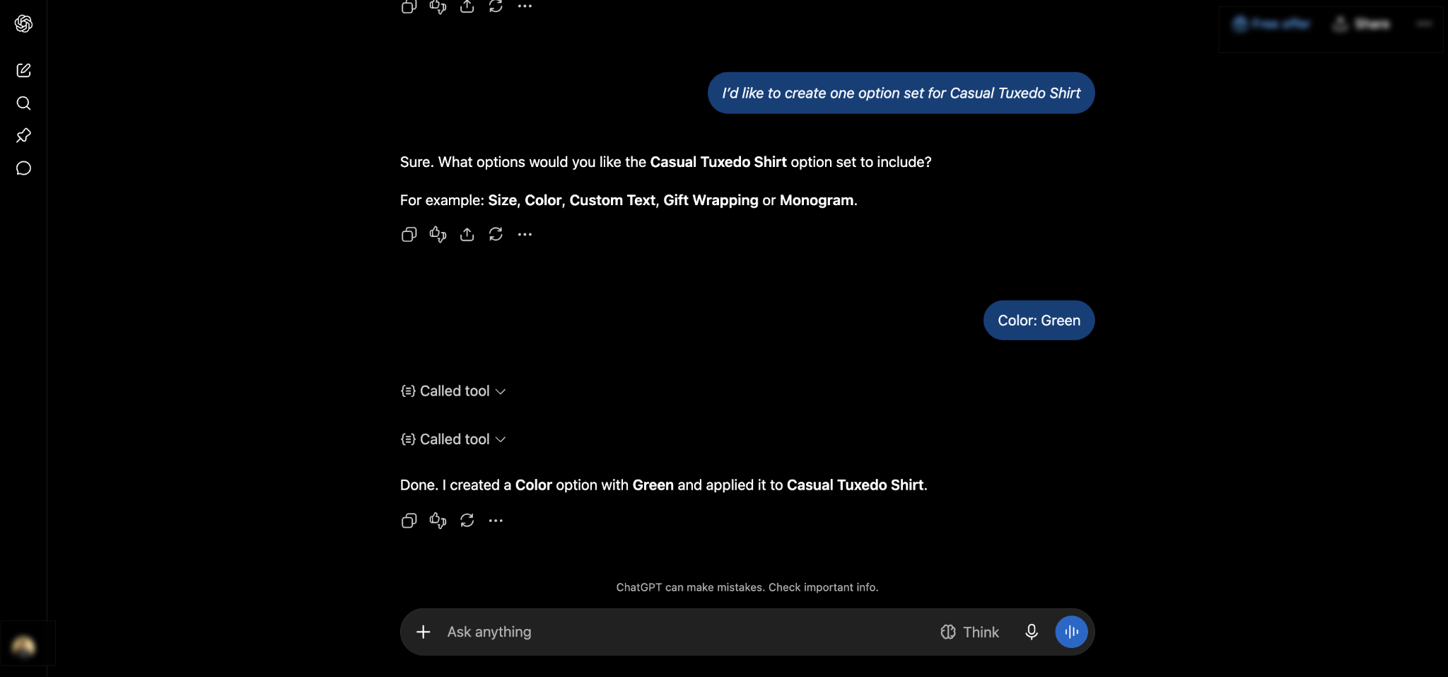 ChatGPT confirms the option was created and applied to the product.