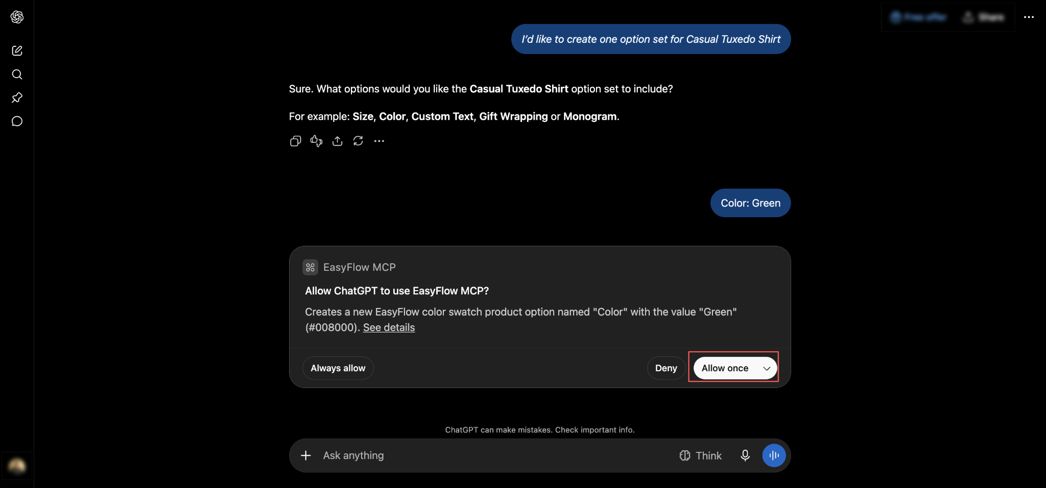 The permission prompt before the write action, with Allow once marked.