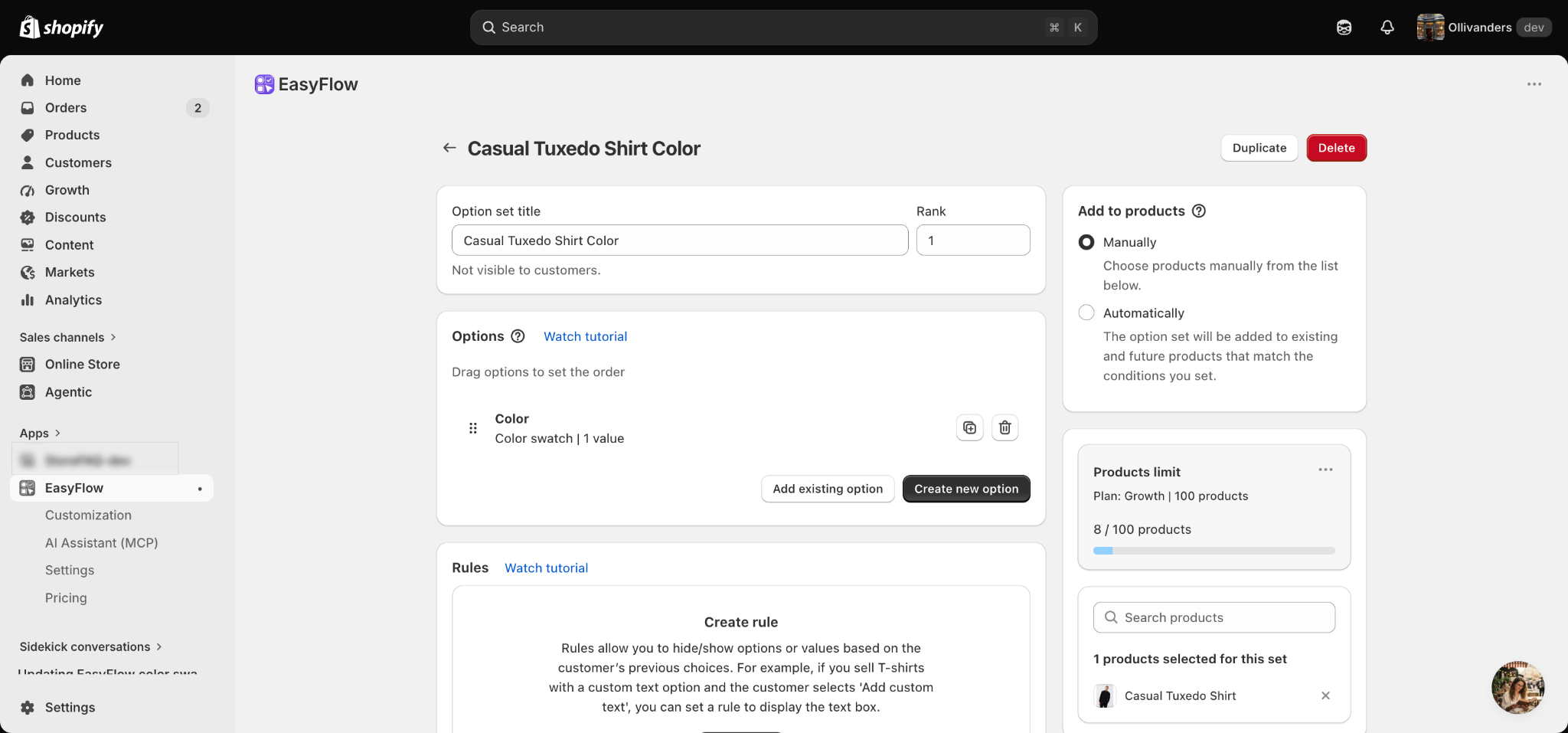 The option set ChatGPT created, applied to a single product.