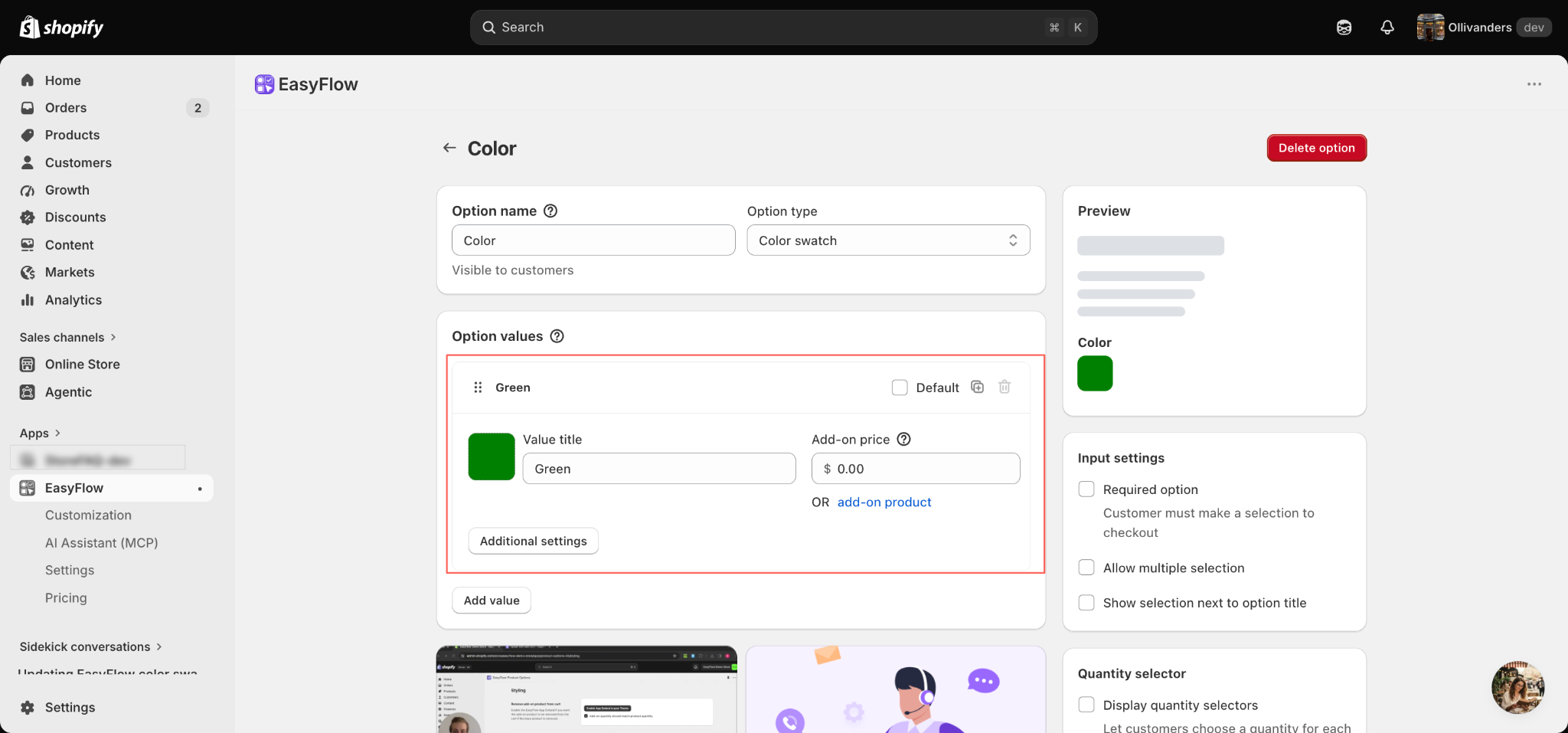 The Color option with its Green value and the shopper-facing preview.
