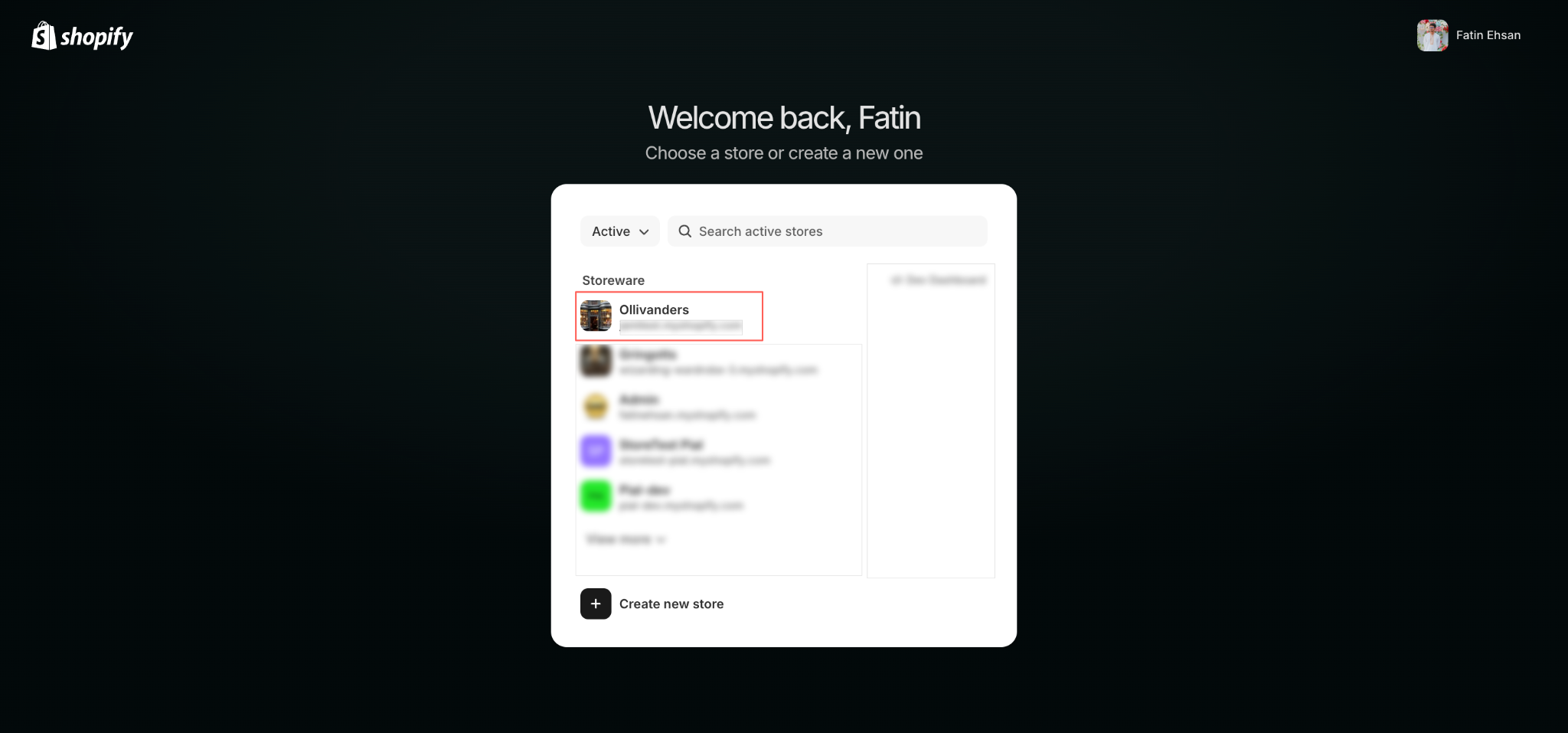 The Shopify store picker, with the target store marked.