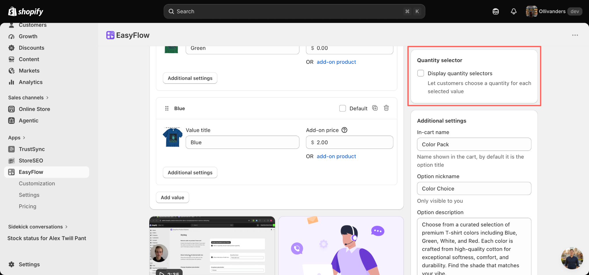 Once your option values are in place, scroll down on the right-hand side panel to locate the Quantity selector section.