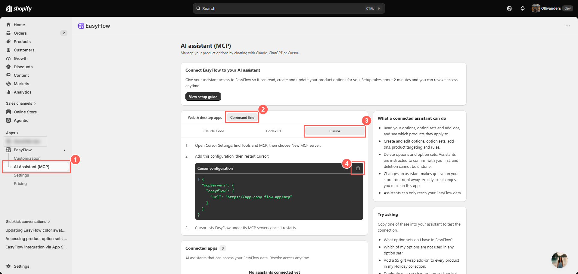 How to Use and Connect EasyFlow MCP with Cursor for Shopify Product Customization