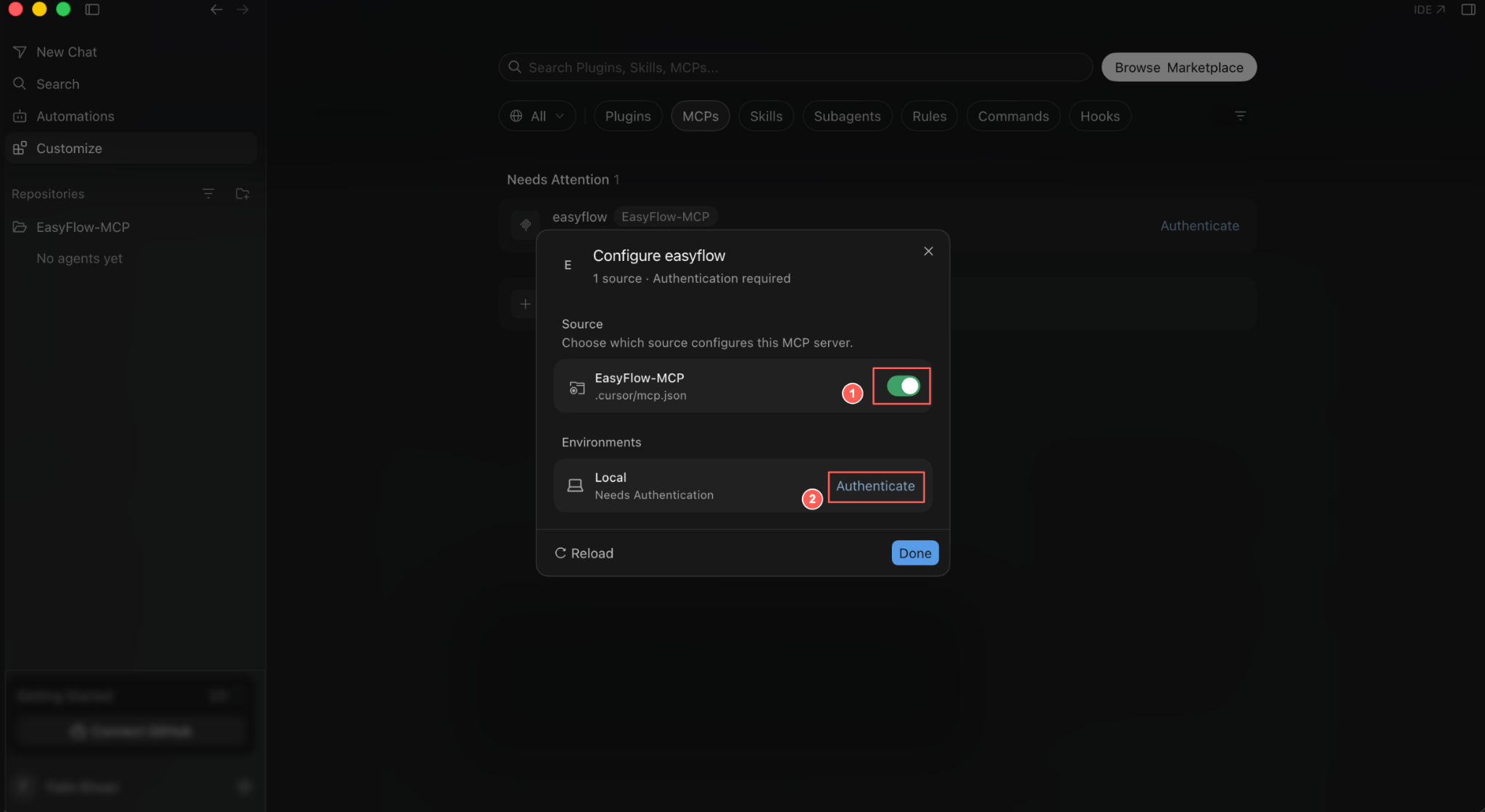 The Configure easyflow dialog, with the source toggle and the Authenticate button marked.