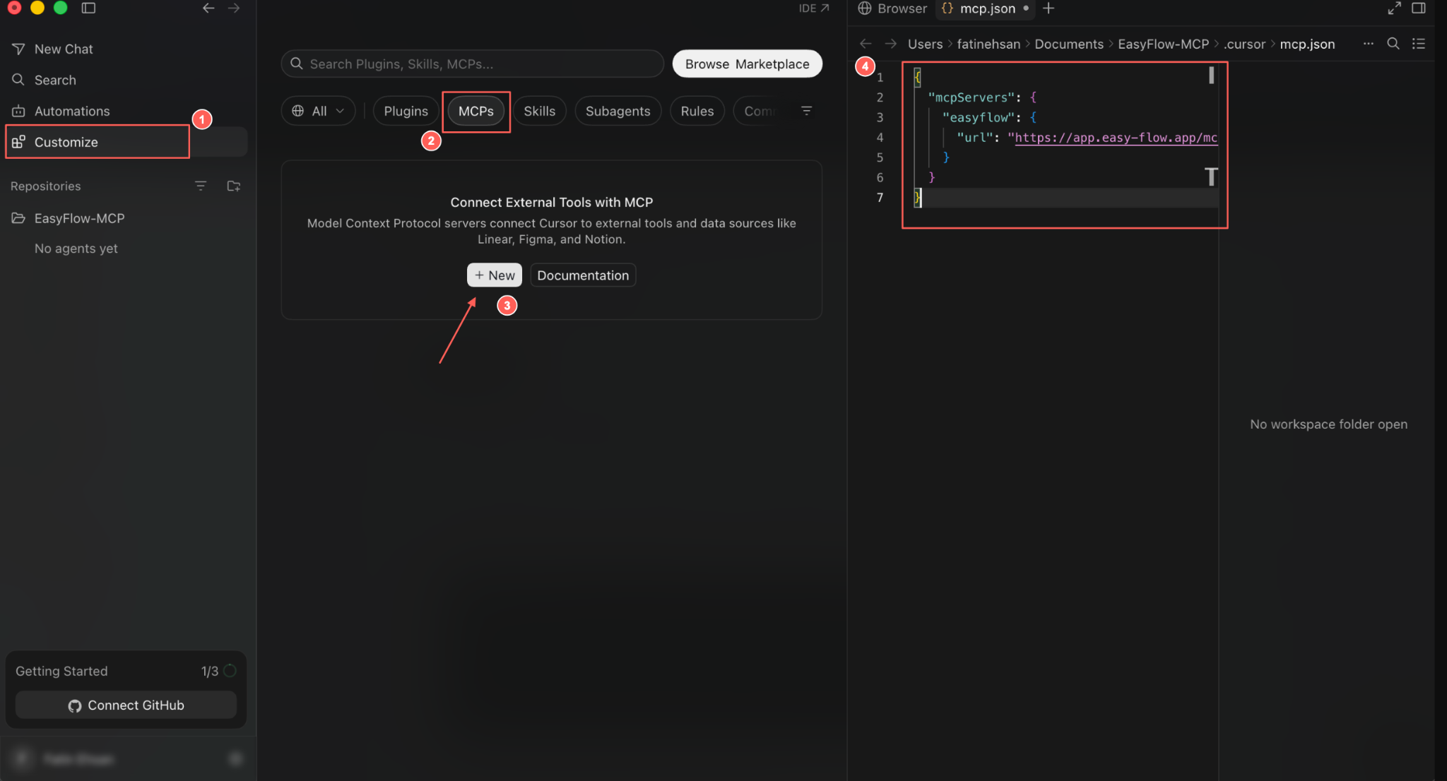 The MCPs panel with the New button marked, alongside the mcp.json file with the EasyFlow configuration pasted in.