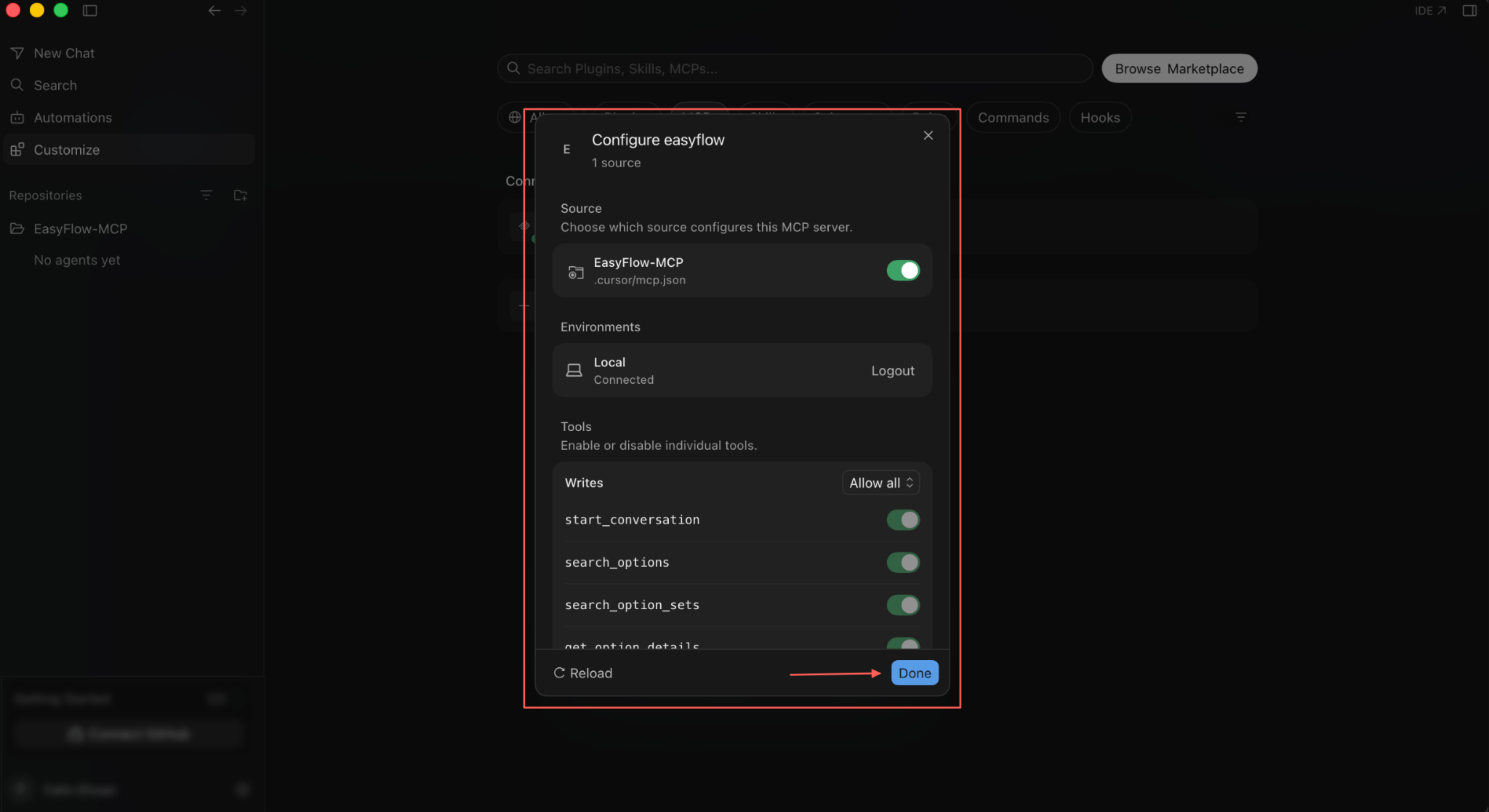 The connected configuration, showing individual tool toggles and the Done button.