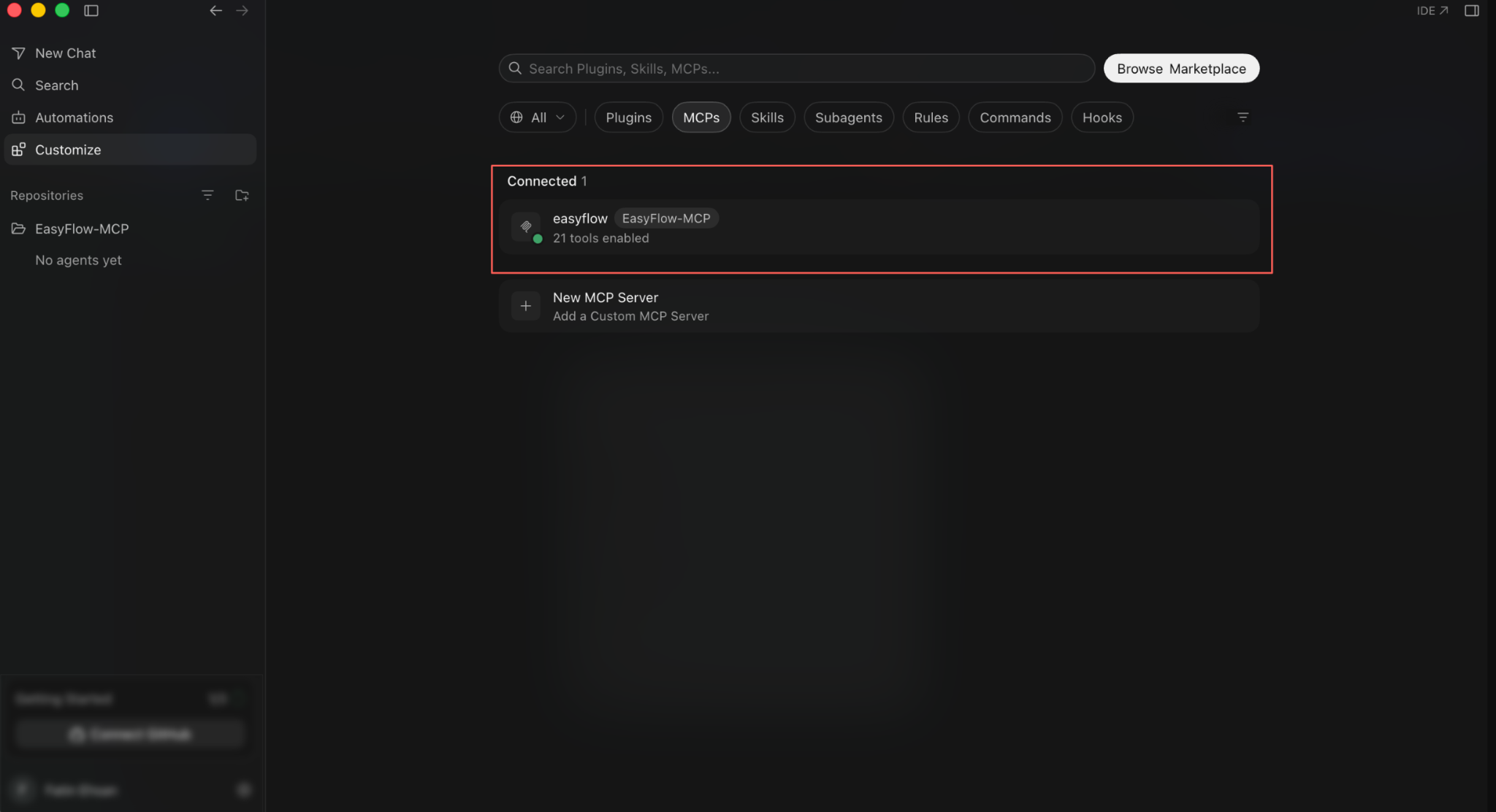 EasyFlow listed under Connected, with its enabled tool count and status dot.