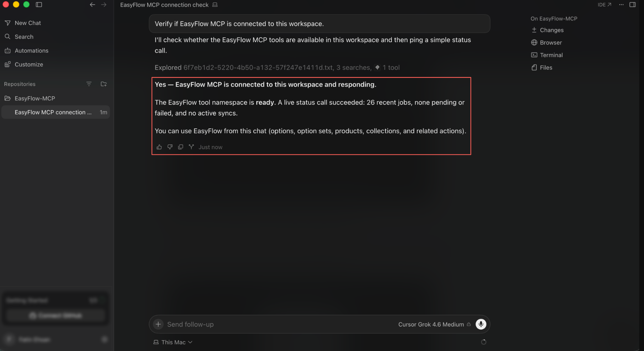 Cursor confirming the connection is live and listing what it can access.