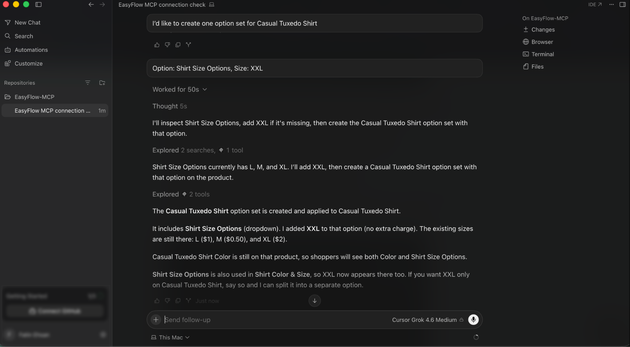 Cursor confirming the option set was created and flagging where the shared option now applies.