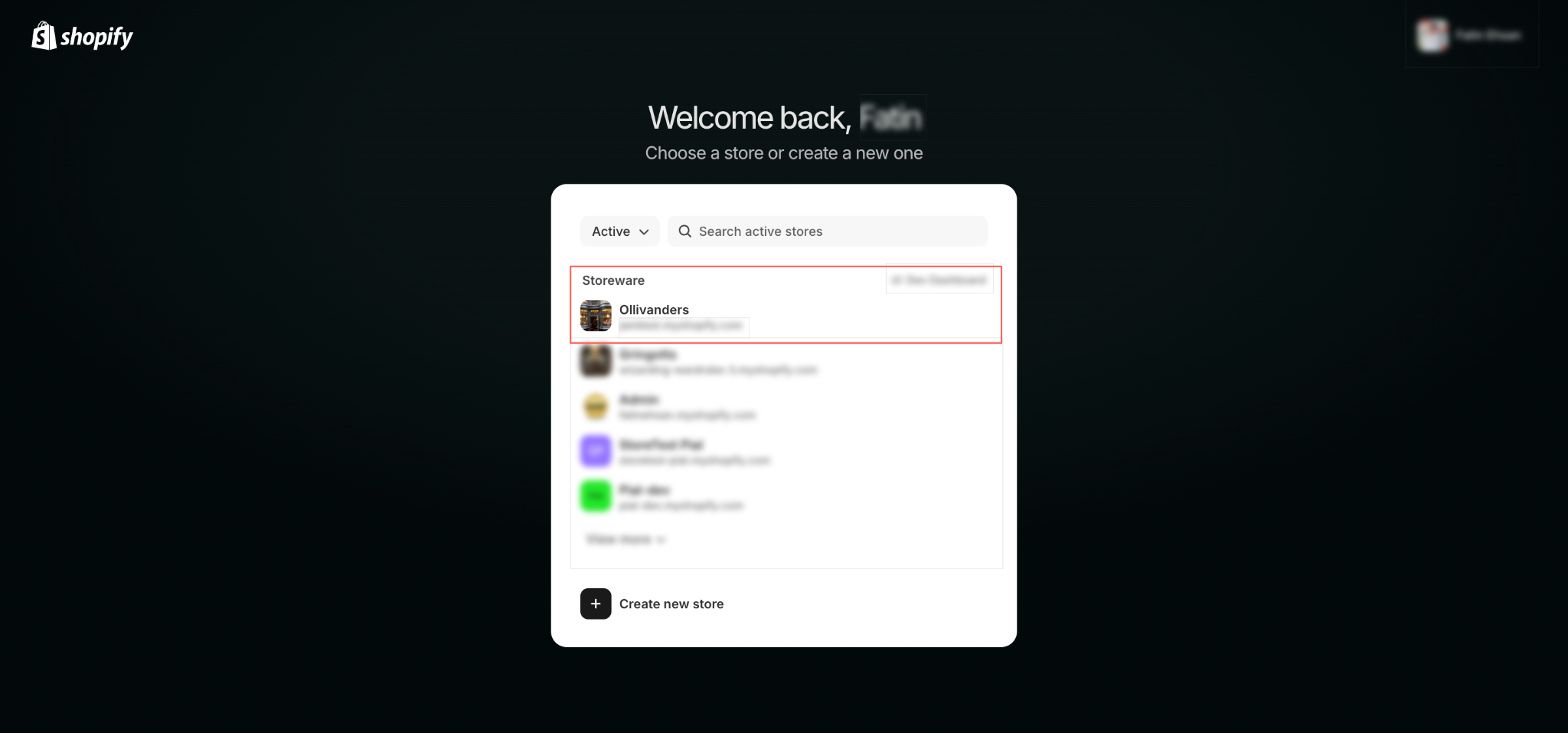 The store picker, with the target store marked.
