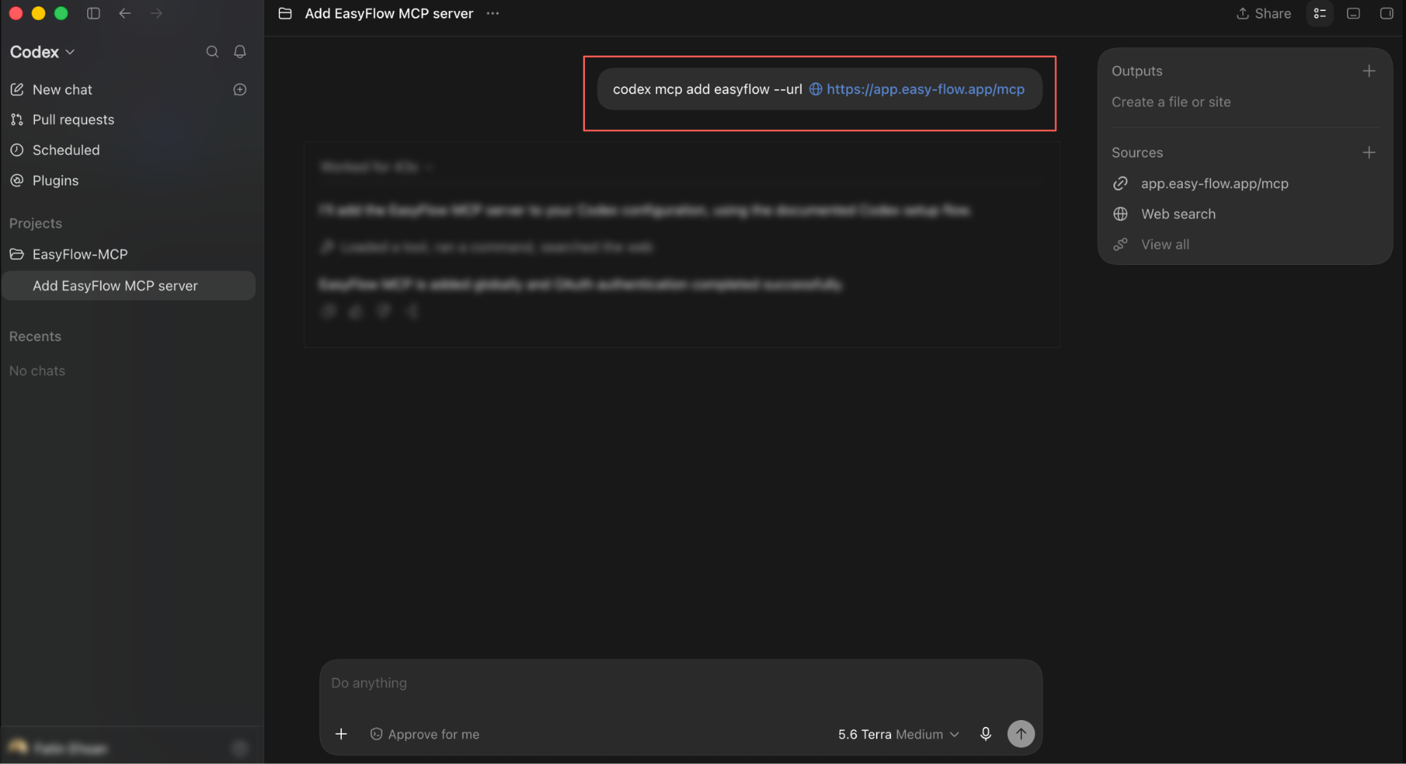 Codex running the add command and starting the documented setup flow.