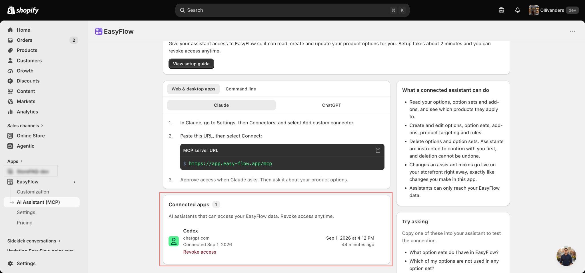 confirm the server registered correctly on Shopify App end side
