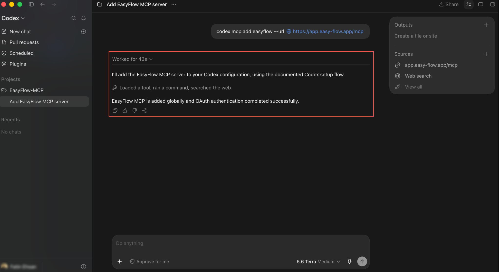 Codex confirming the server is added globally and authentication succeeded.